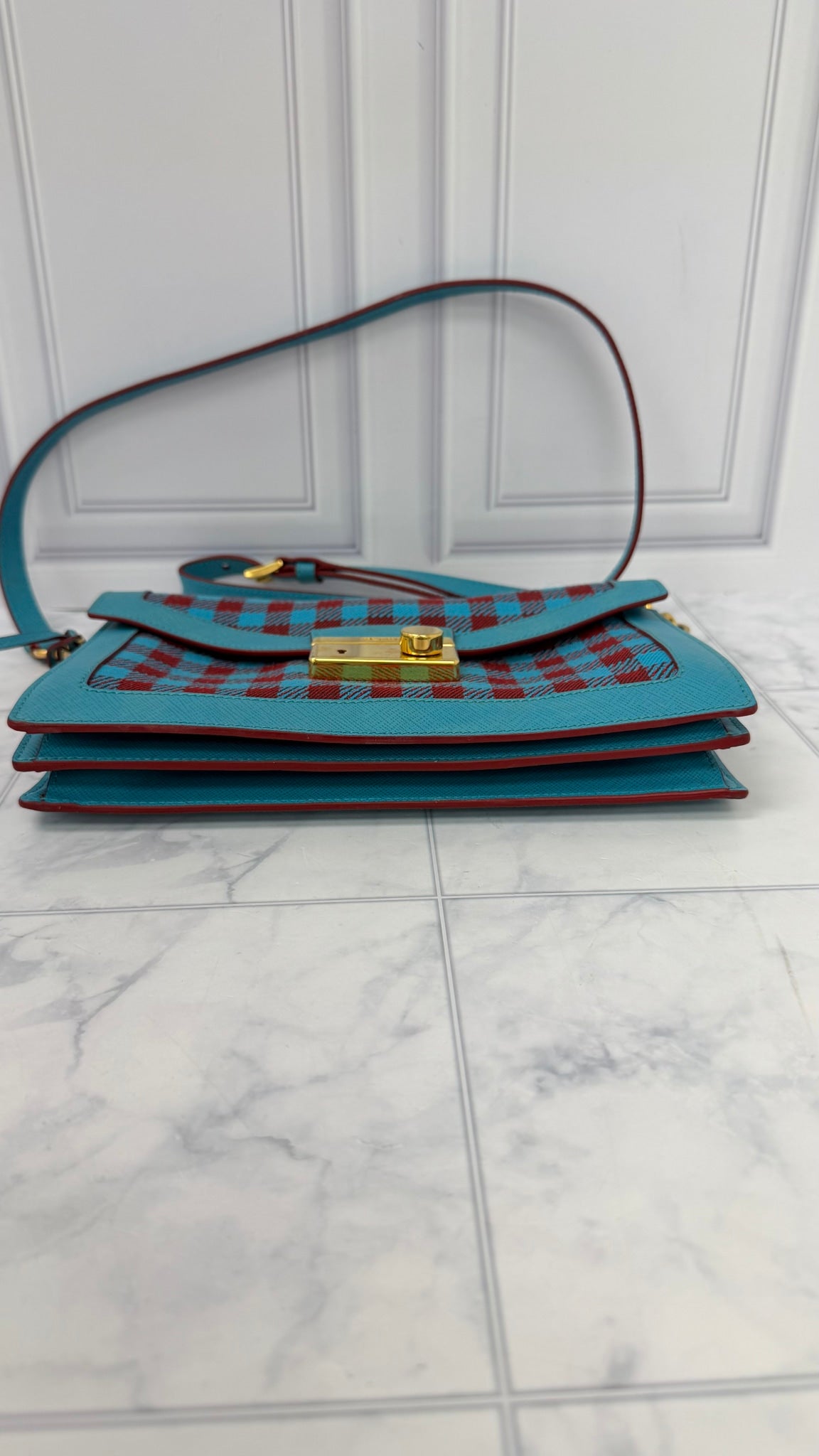 Prada Blue And Burgundy Canvas Leather Checkered Crossbody Bag