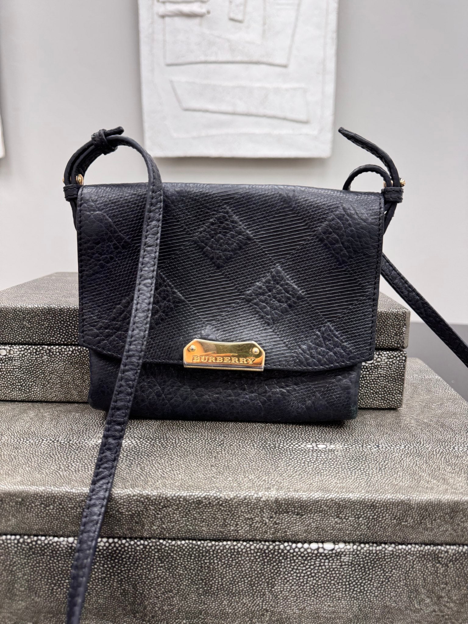 Burberry Black Embossed Check Leather Crossbody