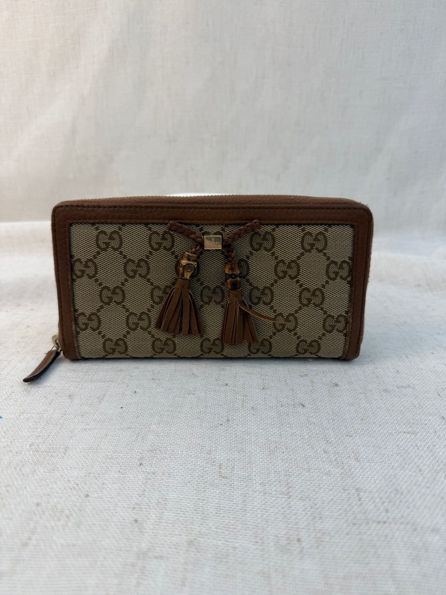 Gucci Brown Canvas Bamboo Tassel Zippy Wallet