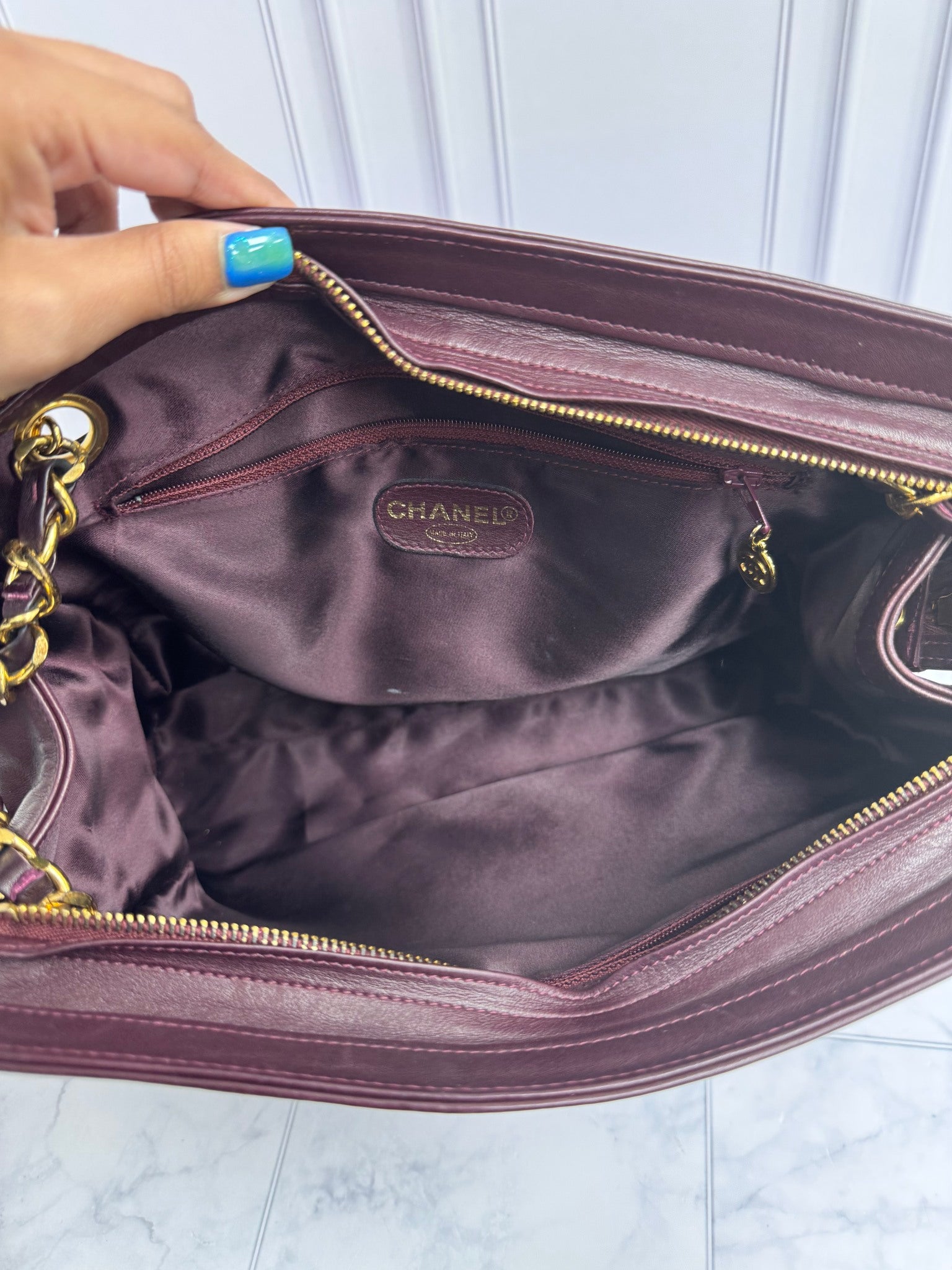 Chanel Burgundy Leather Shoulder Tote Bag