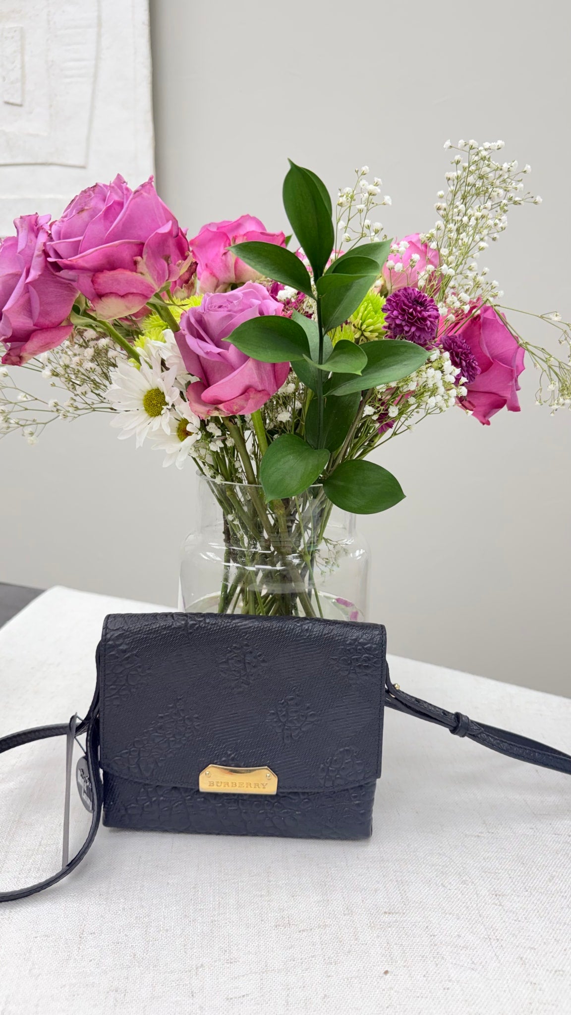 Burberry Black Check Embossed Grained Leather Signature Langley Crossbody