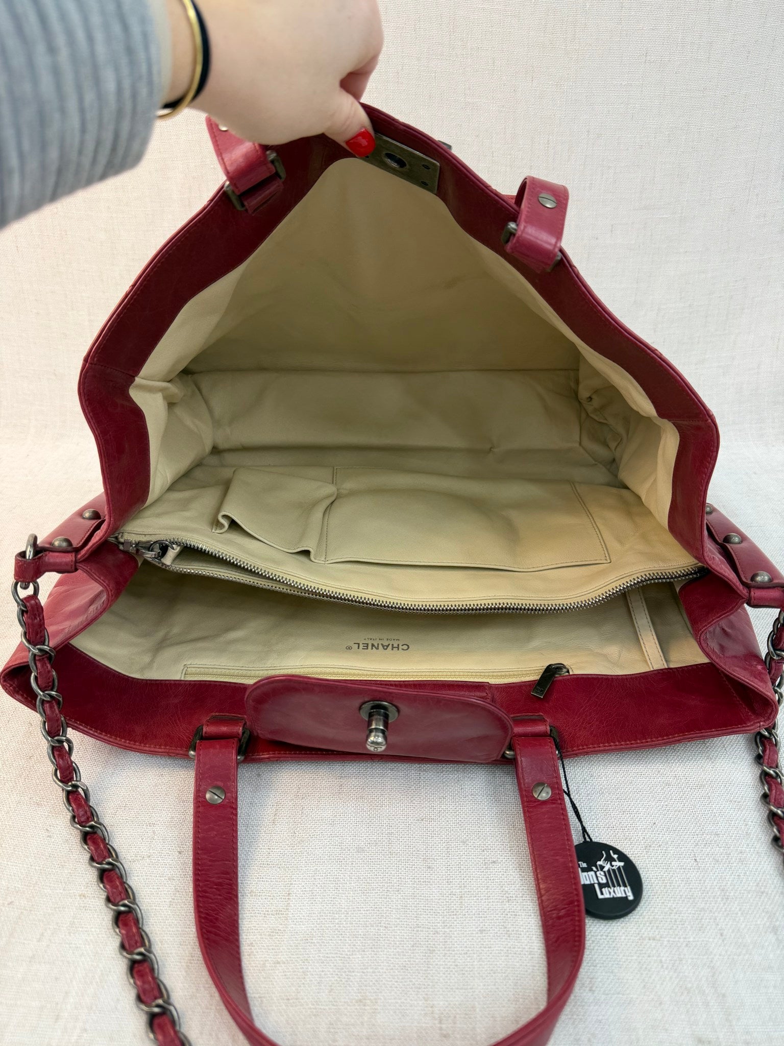 Chanel Red Calfskin Glazed Quilted Glazed Large On The Road Tote Bag