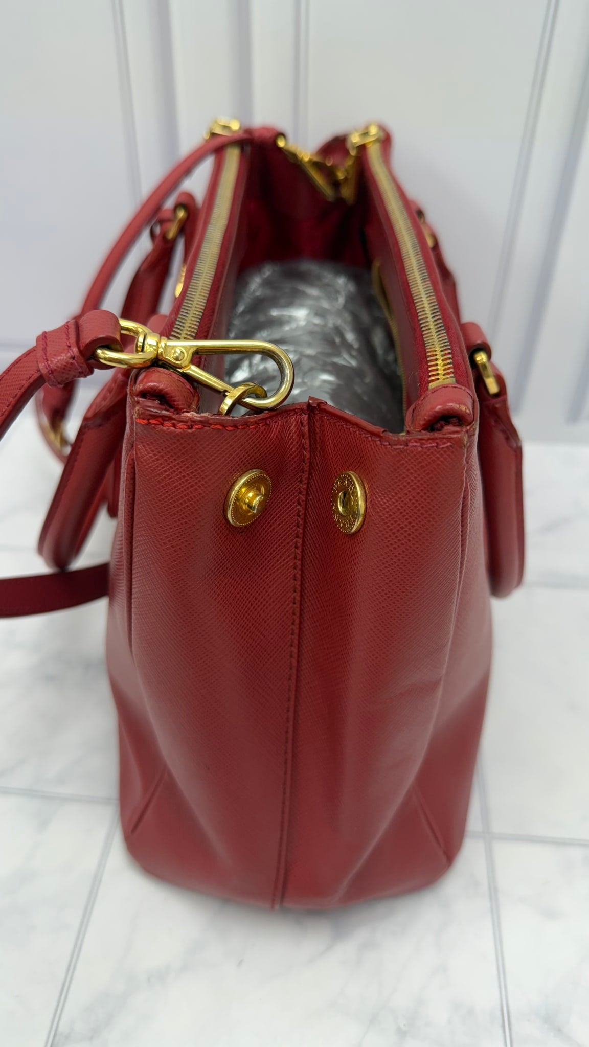 Prada Red Saffiano Leather Small Double Zip Galleria 2way Tote