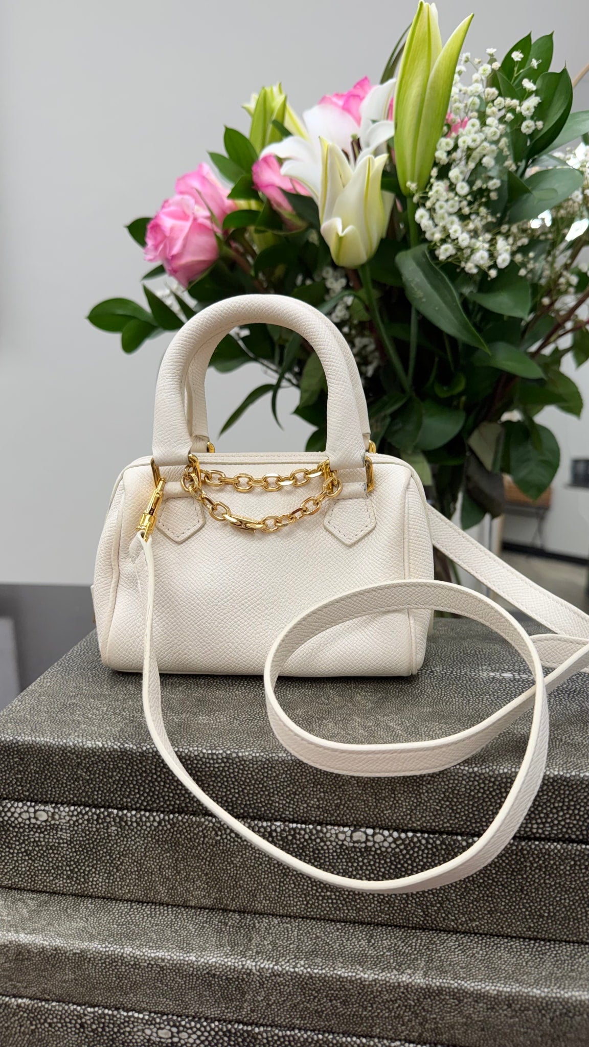 Celine White Grained Calfskin Mini Boston Bag