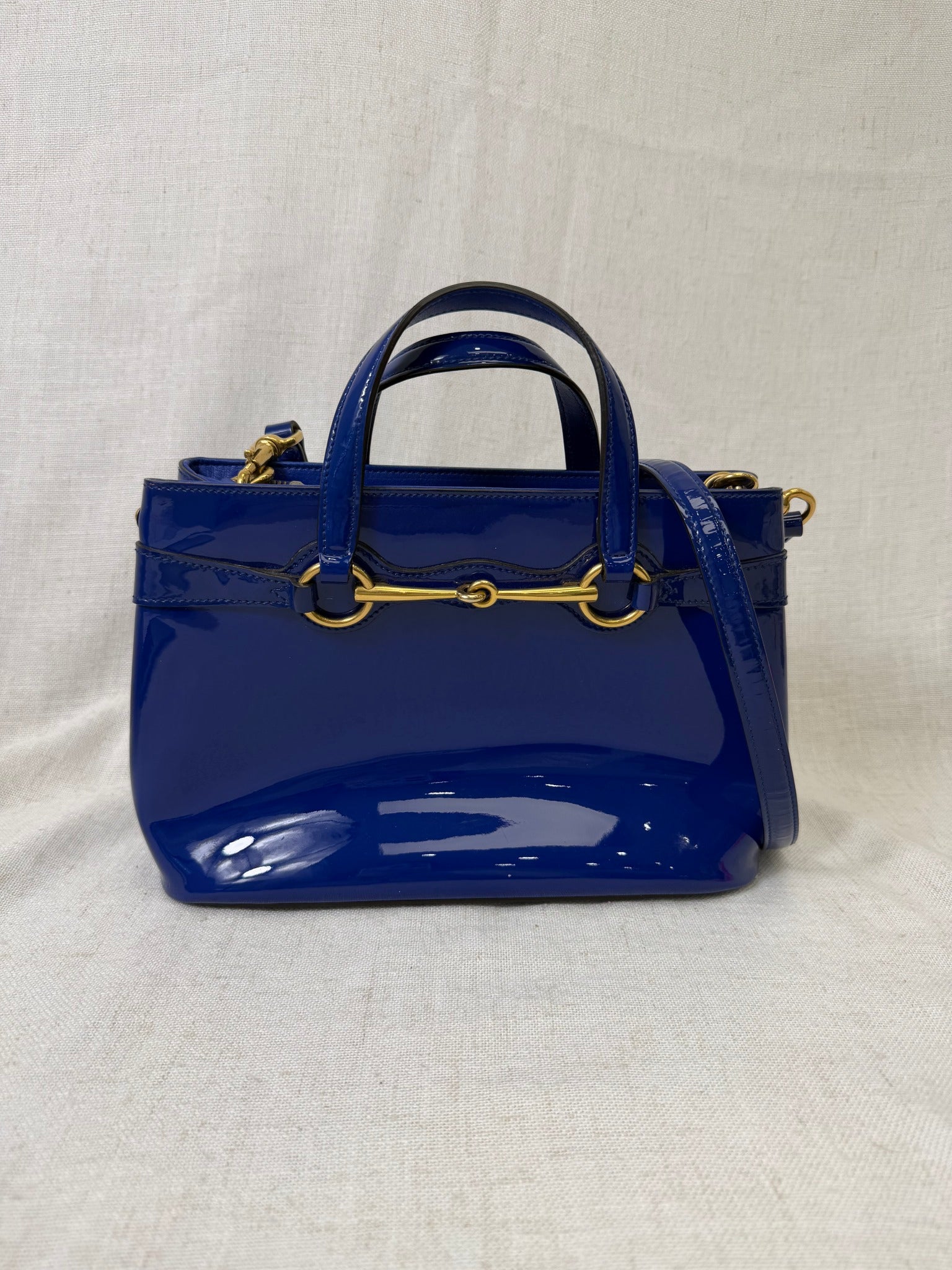 Gucci Bright Blue Patent Leather Bit Medium Tote Bag