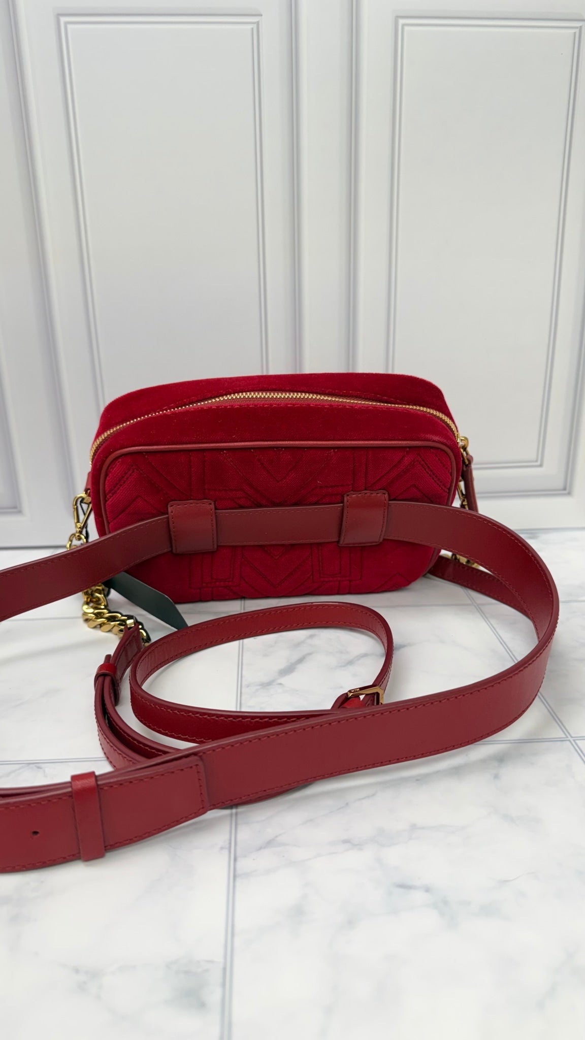 LIKE NEW - MCM Red Velvet Crystal Stud 2Way Crossbody Belt Bag