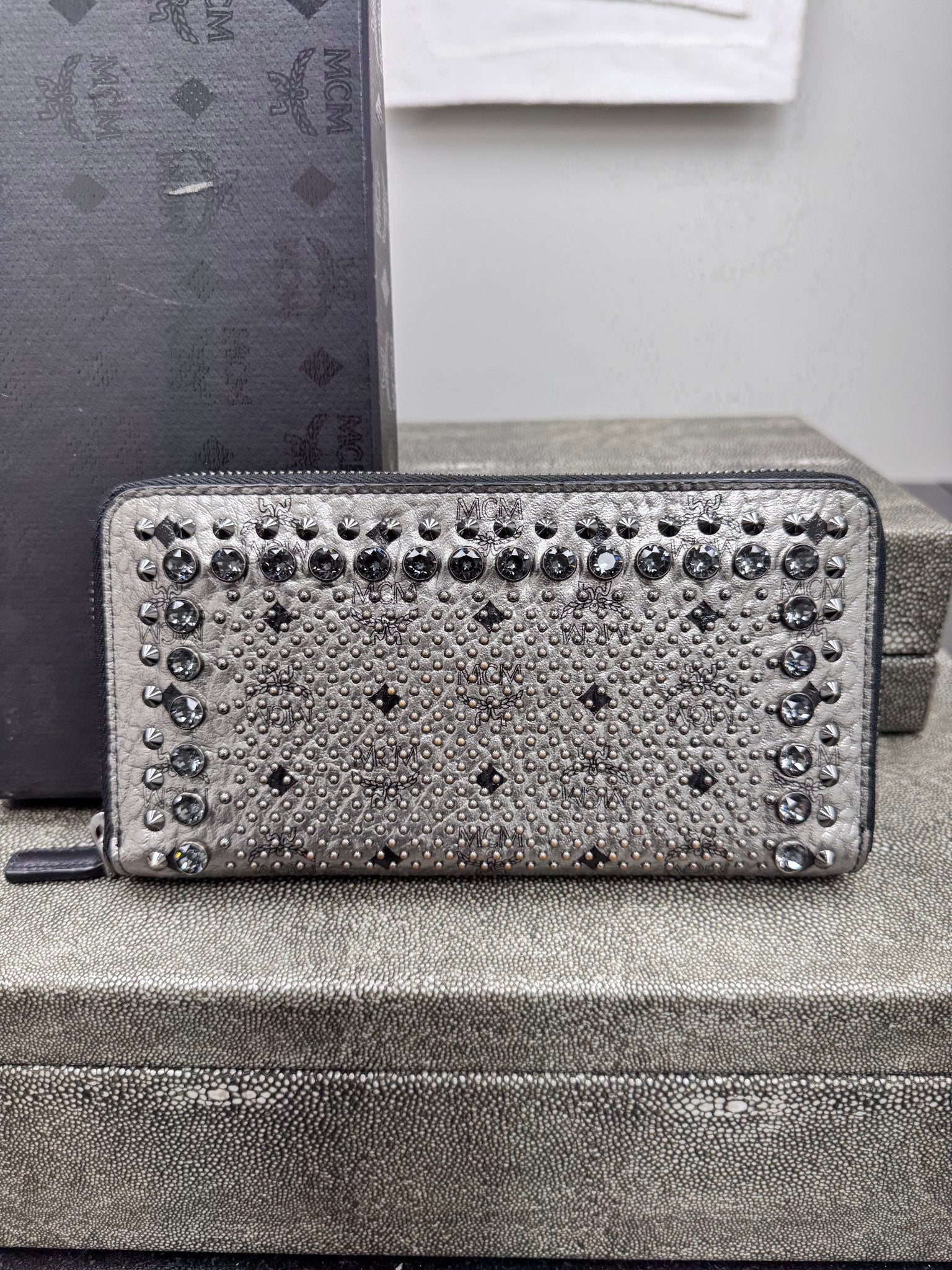 MCM Metallic Silver Visetos Leather Studded Zippy Wallet