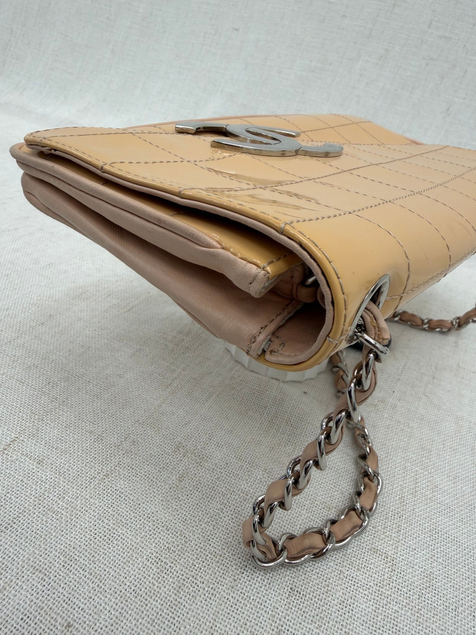 Chanel Peach Patent Leather East West Chocolate Bar Bag