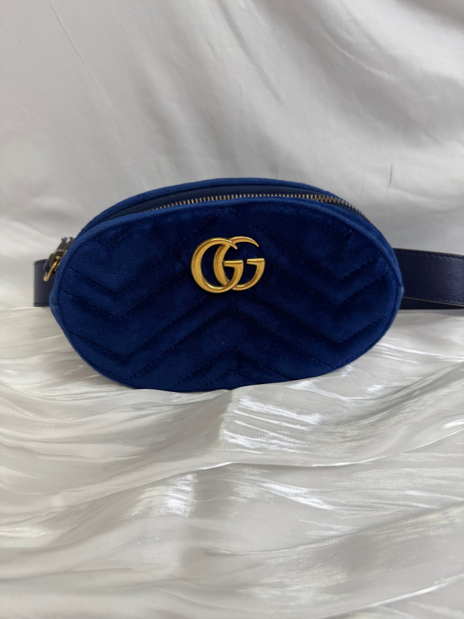 Gucci GG Marmont Blue Velvet Belt Bag