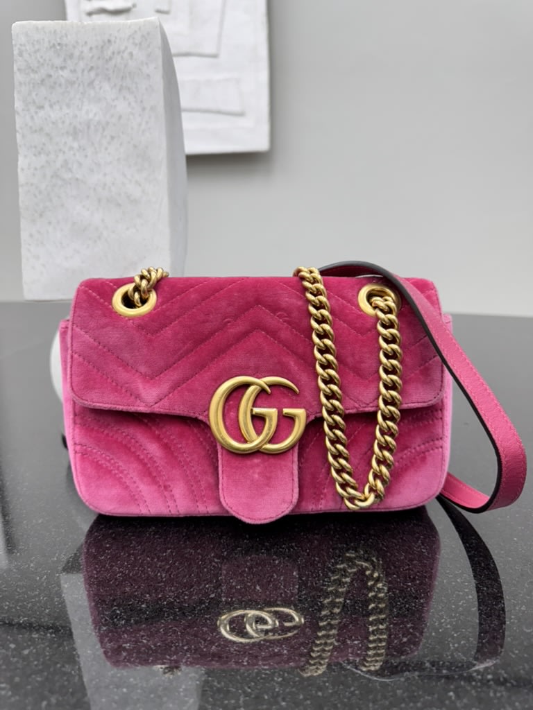 Gucci Pink Velvet Matelasse GG Marmont Chain Shoulder Bag