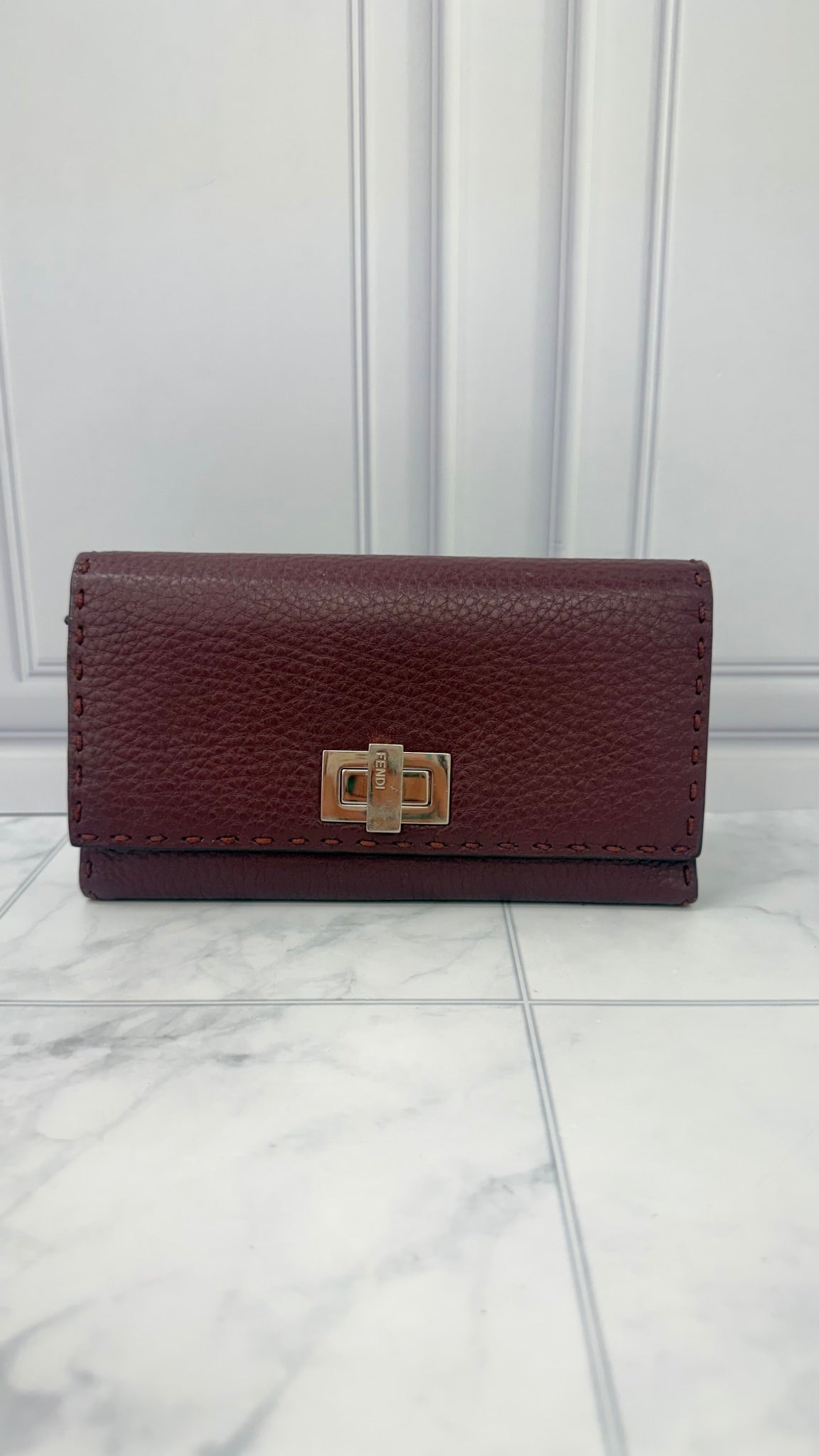 Fendi Plum Pebbled Leather Selleria Peekaboo Wallet