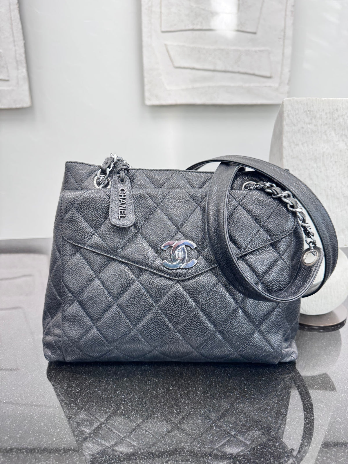 Chanel Black Quilted Caviar Leather Front Flap Large Shopping Tote Bag