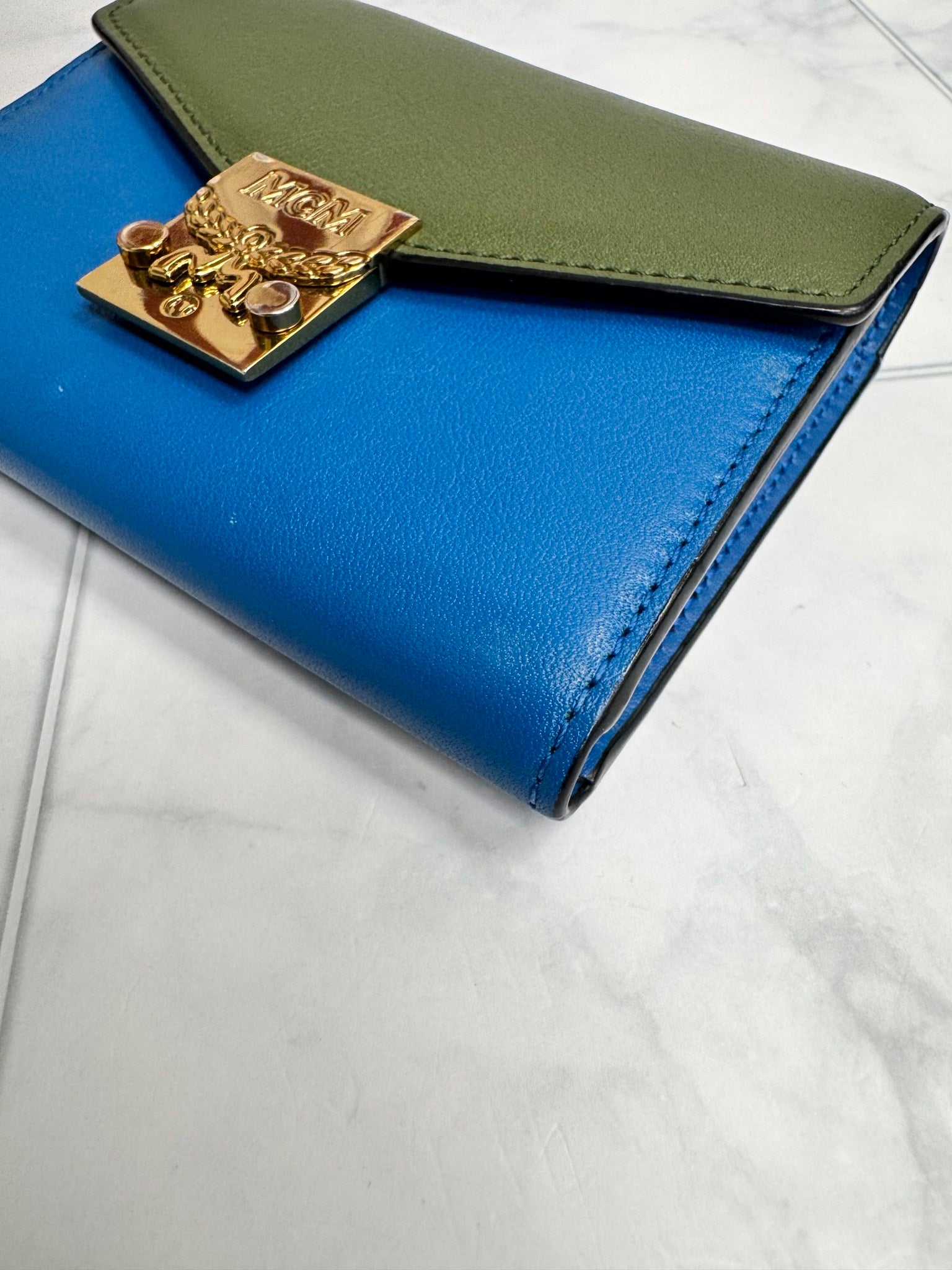 MCM Blue Green Envelope Compact Wallet