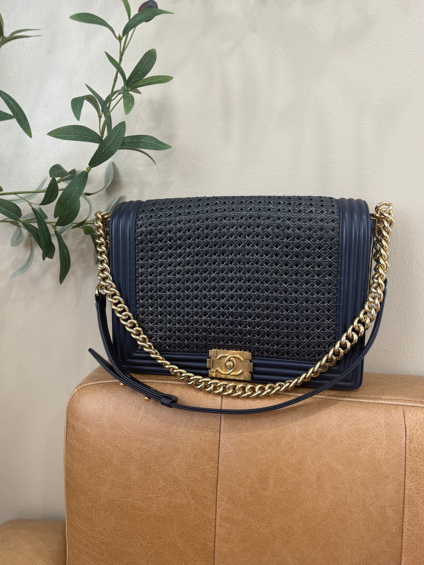 Chanel Navy Lambskin Braided Woven Boy Flap