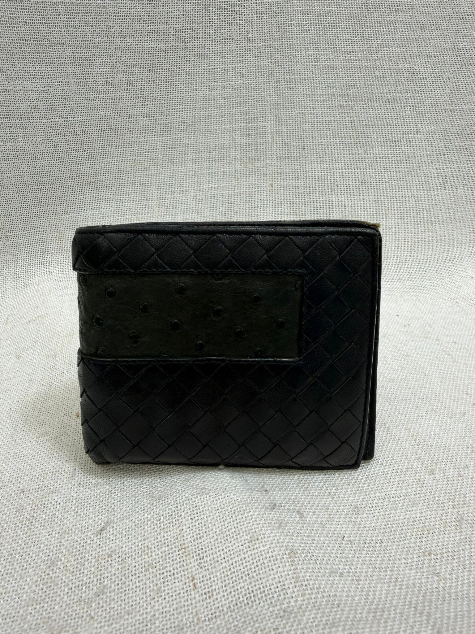 Bottega Veneta Black Ostrich Intrecciato Leather Bifold Wallet
