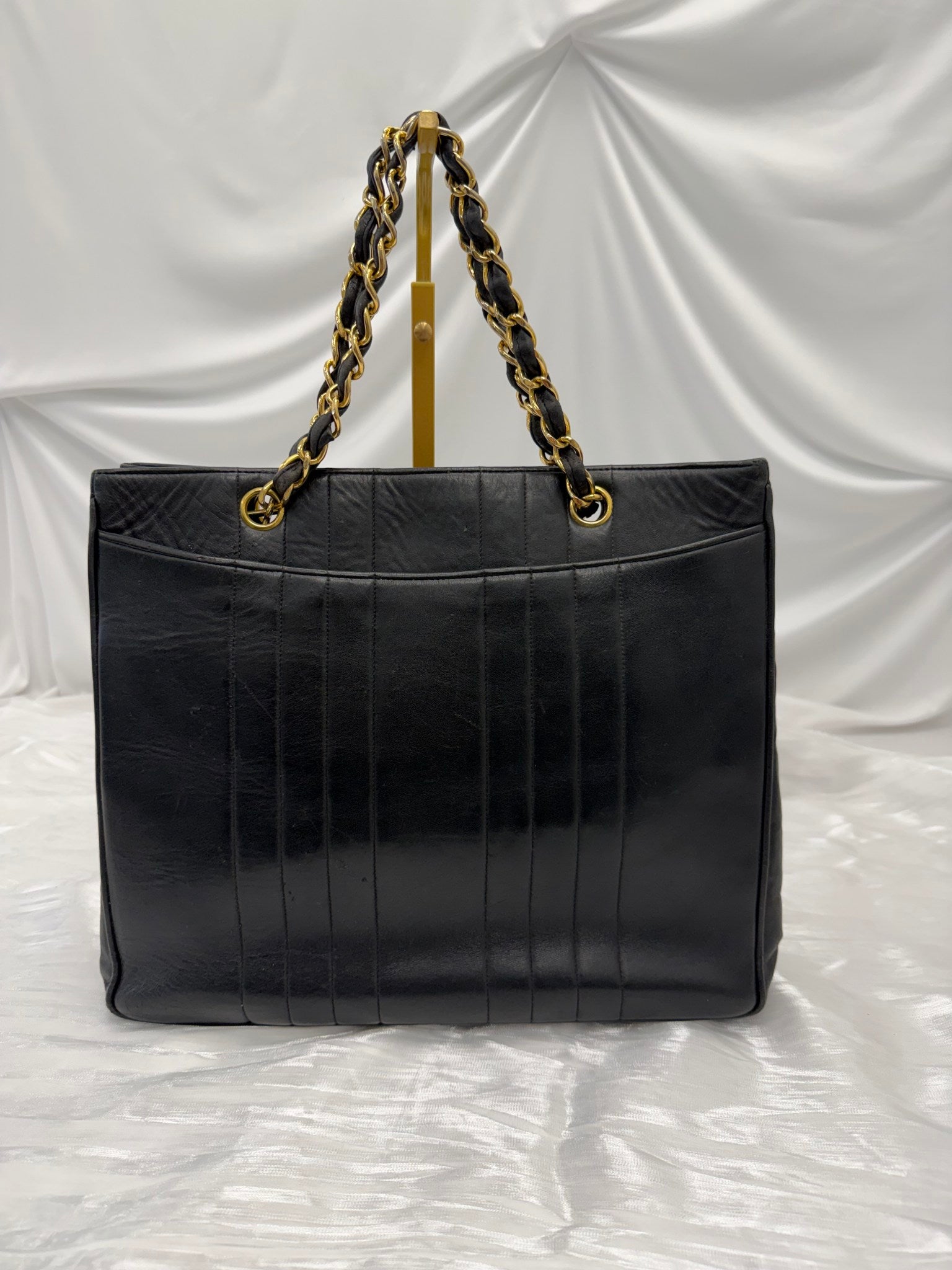 Chanel Black Leather Vertical Striped Mademoiselle Tote