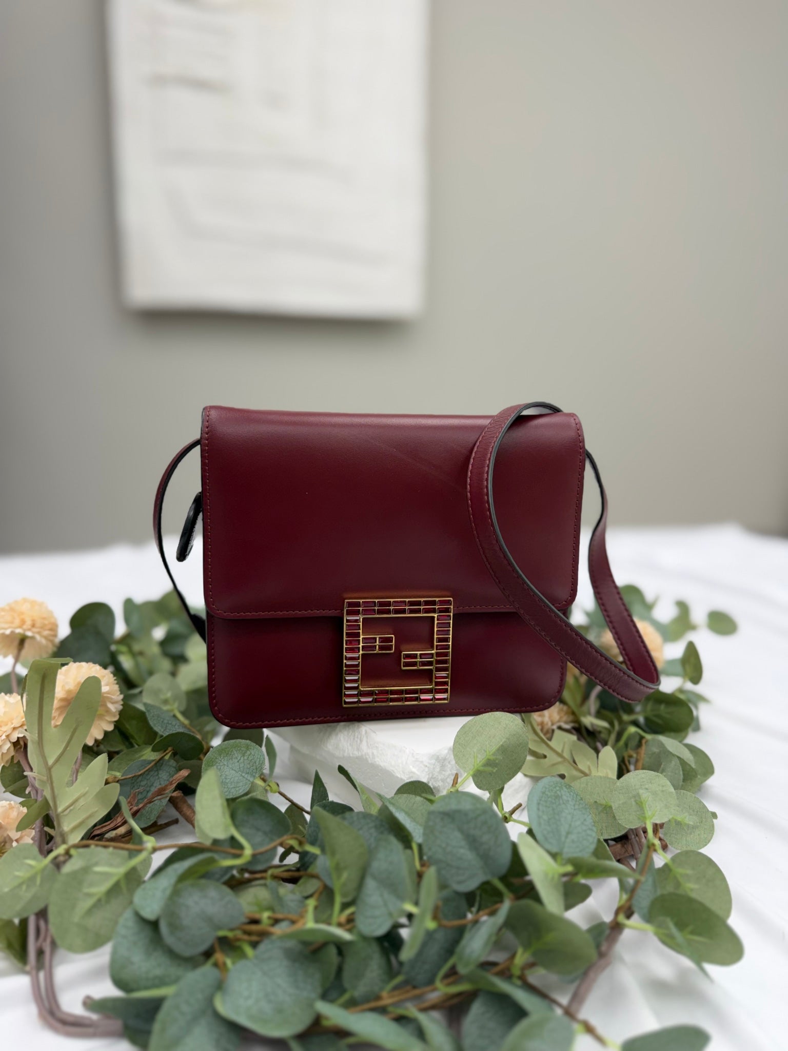 Fendi Burgundy Leather Crystal Fab Shoulder Bag