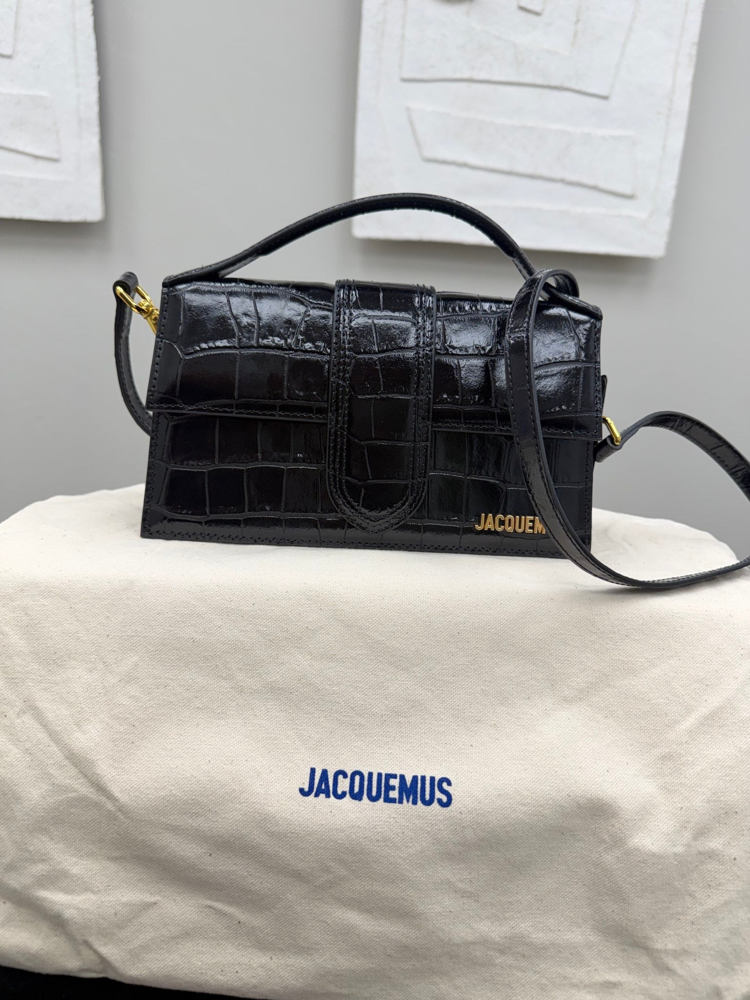 BRAND NEW - Jacquemus Black Croc Embossed Leather Le Grand Bambino Handbag 2Way Handbag