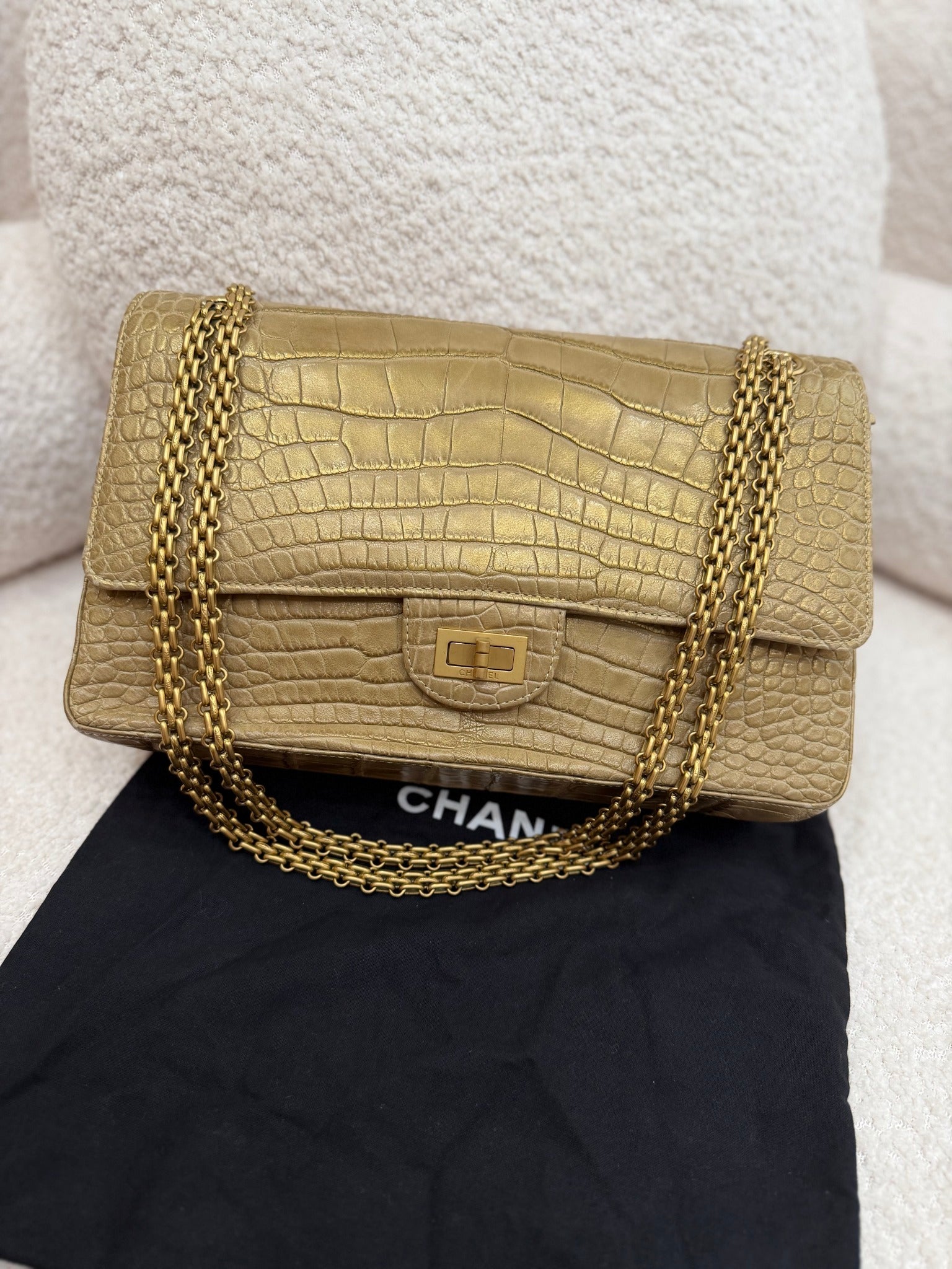 Chanel Metallic Gold Matte Crocodile 2.55 Reissue Double Flap Bag