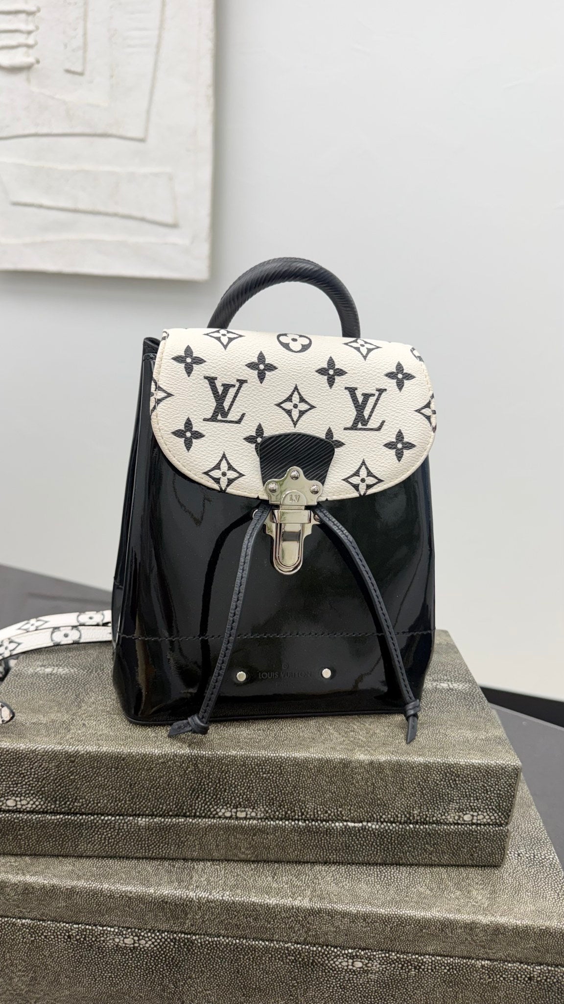 Louis Vuitton Black And White Patent Leather Monogram Hot Springs Mini Backpack