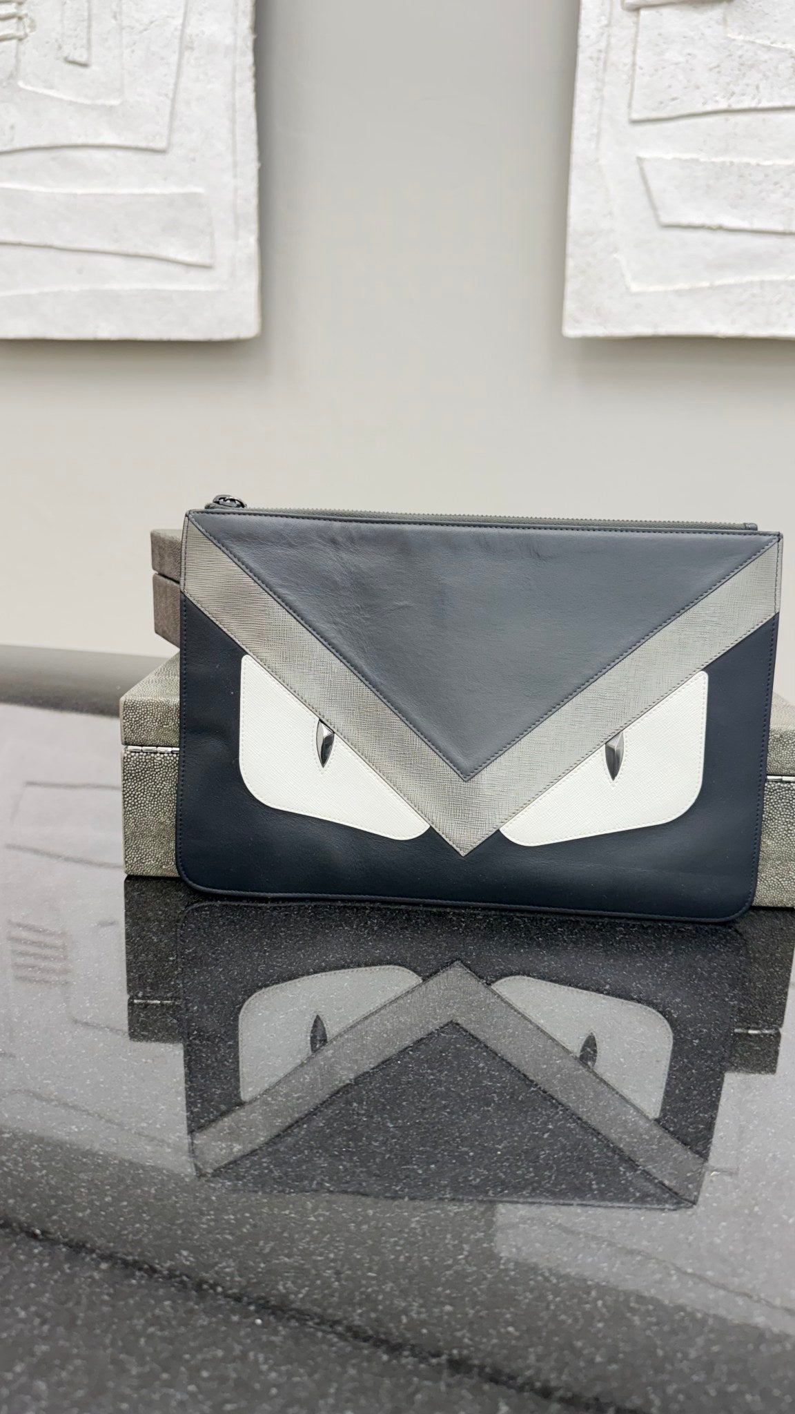 Fendi Black & Grey Leather Monsters Eyes Clutch