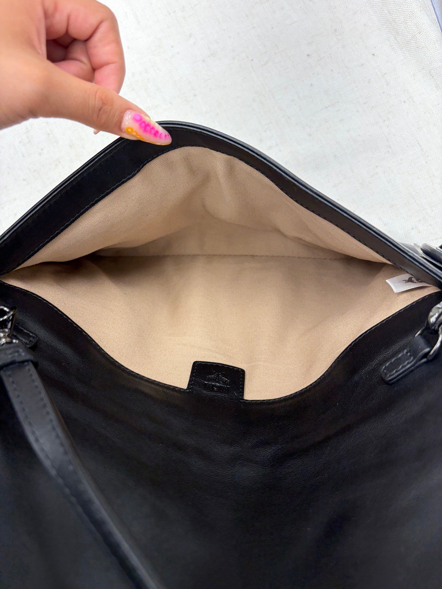 MCM Black Studded Embossed Leather Foldover Crossbody Bag
