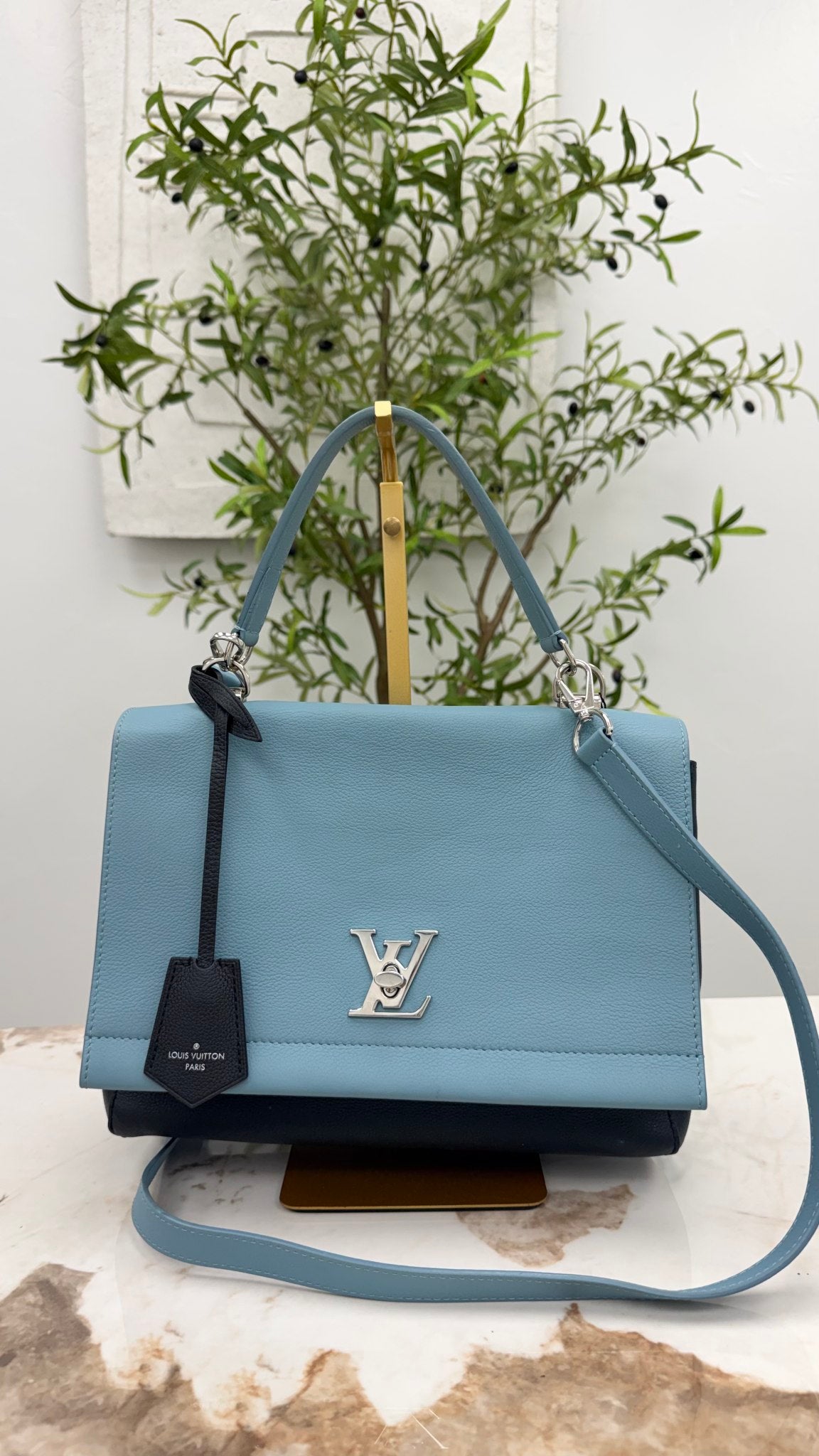 LIKE NEW - Louis Vuitton Black And Dusty Blue Taurillon Leather Lockme II 2Way Handbag