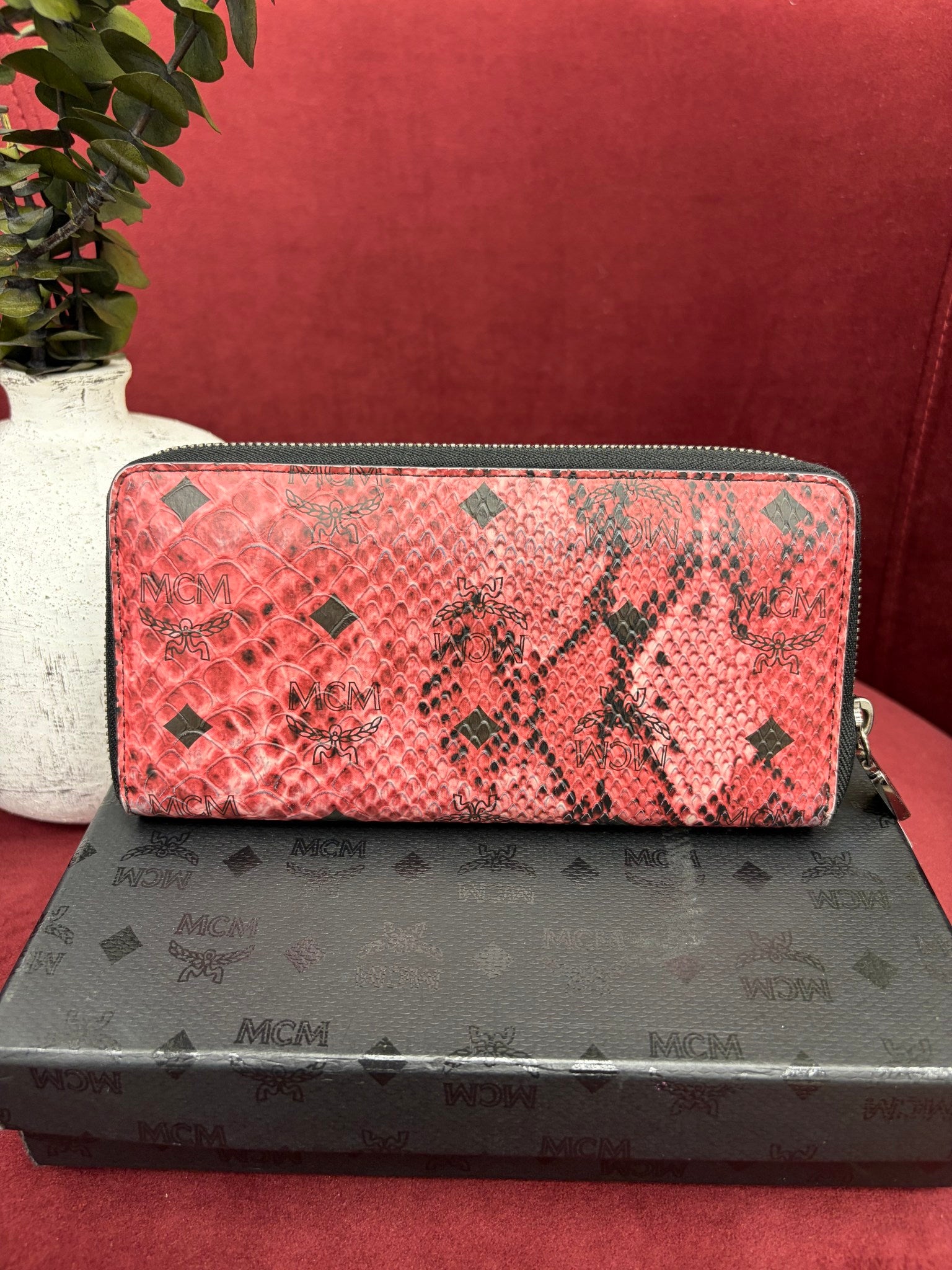 MCM Red Snakeskin Embossed Studded Zippy Wallet