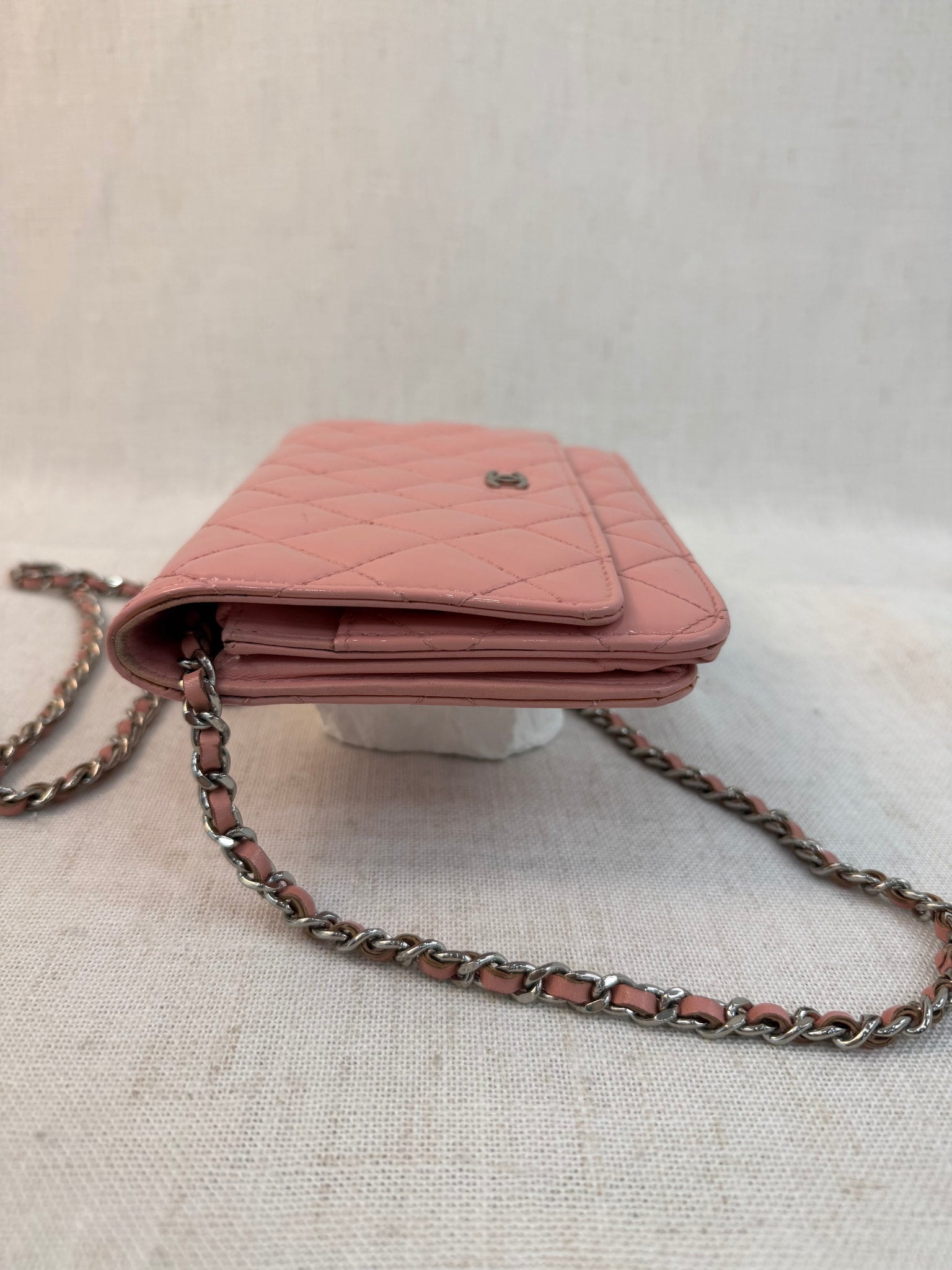 Chanel Pink Patent Leather Wallet On Chain