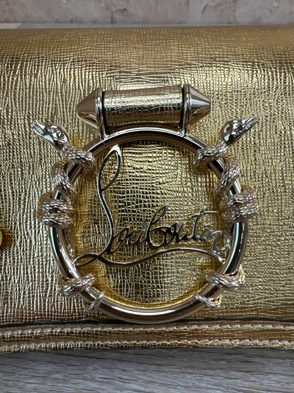 Christian Louboutin Gold Calfskin Snake Logo RubyLou Clutch