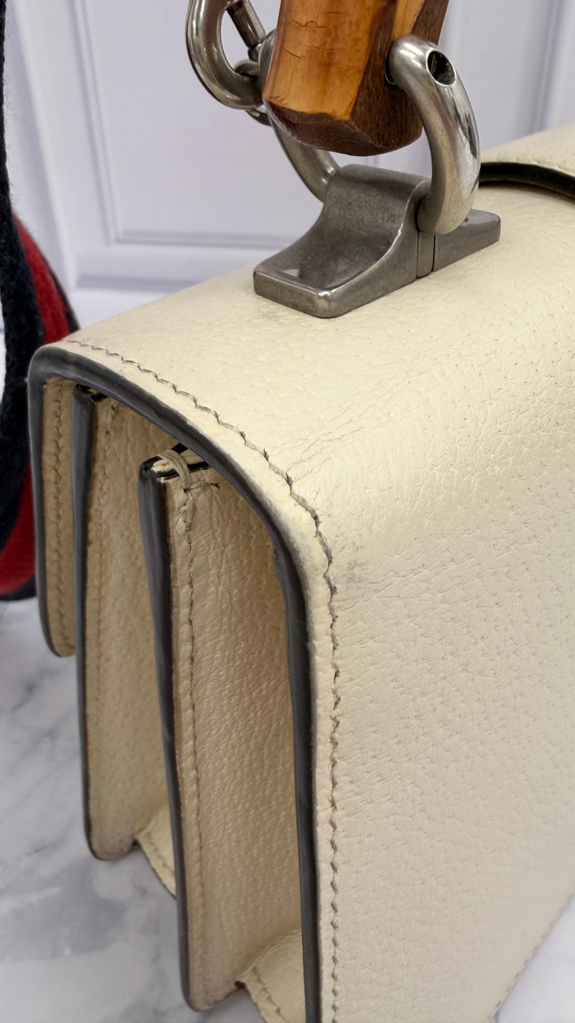 Gucci Ivory Grained Calfskin Leather Mini Dionysus Bamboo Top Handle Bag