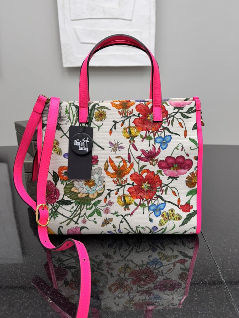Gucci White & Hot Pink Floral Print Canvas Medium 2Way Tote Bag
