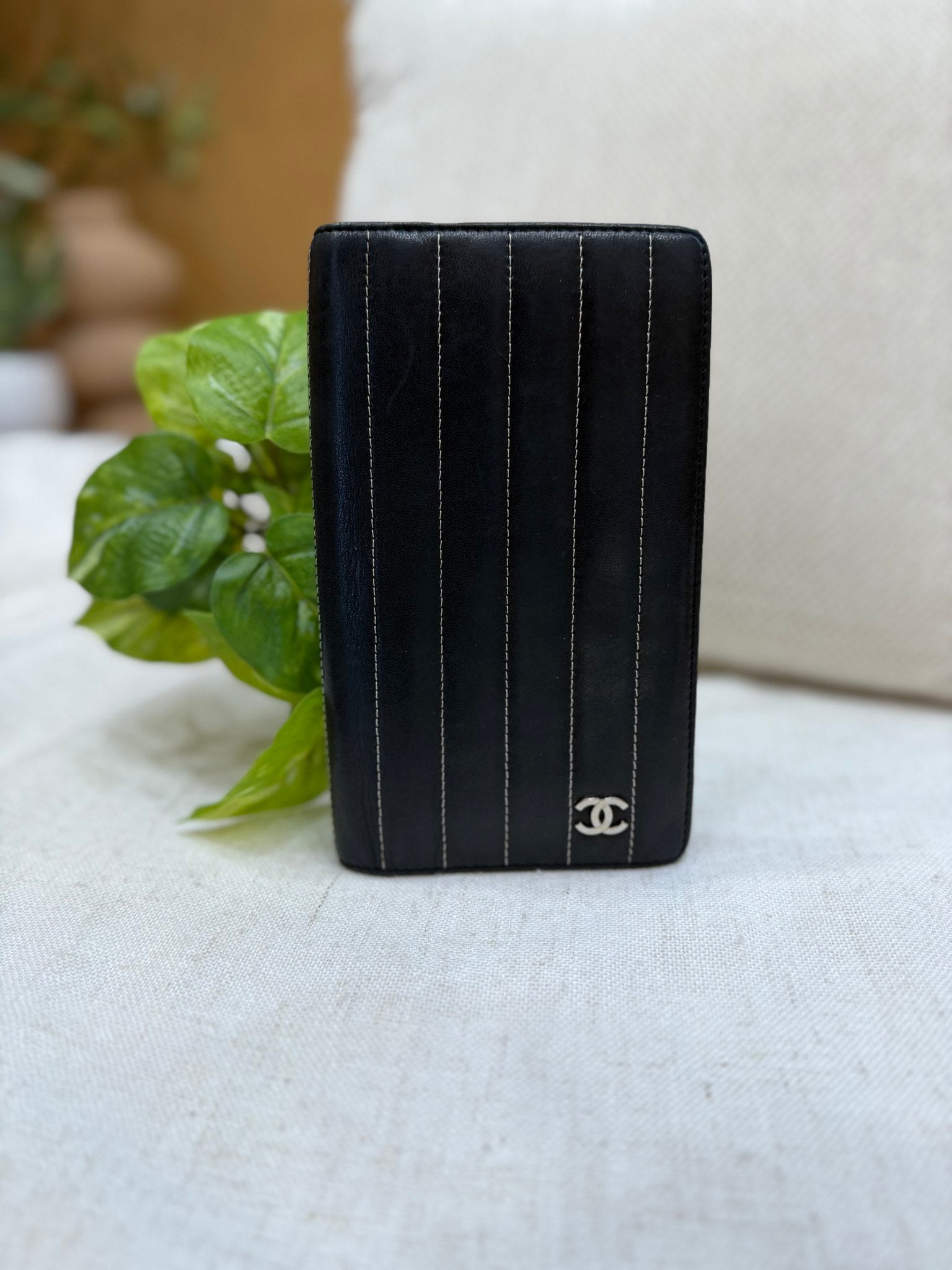 Chanel Black Leather Stripped Mademoiselle Long Wallet