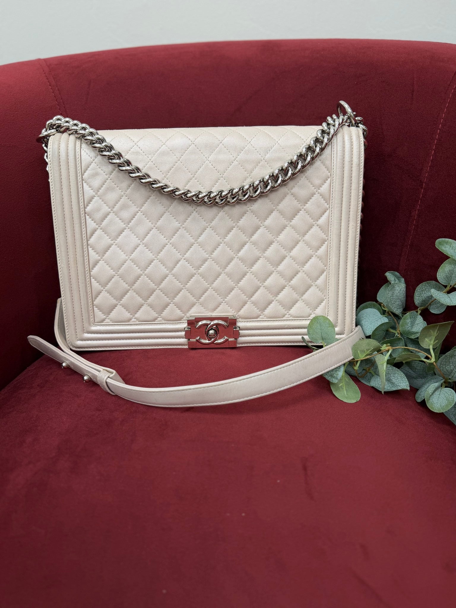 Chanel Irridesent Beige Quilted Calfskin Large Boy Bag