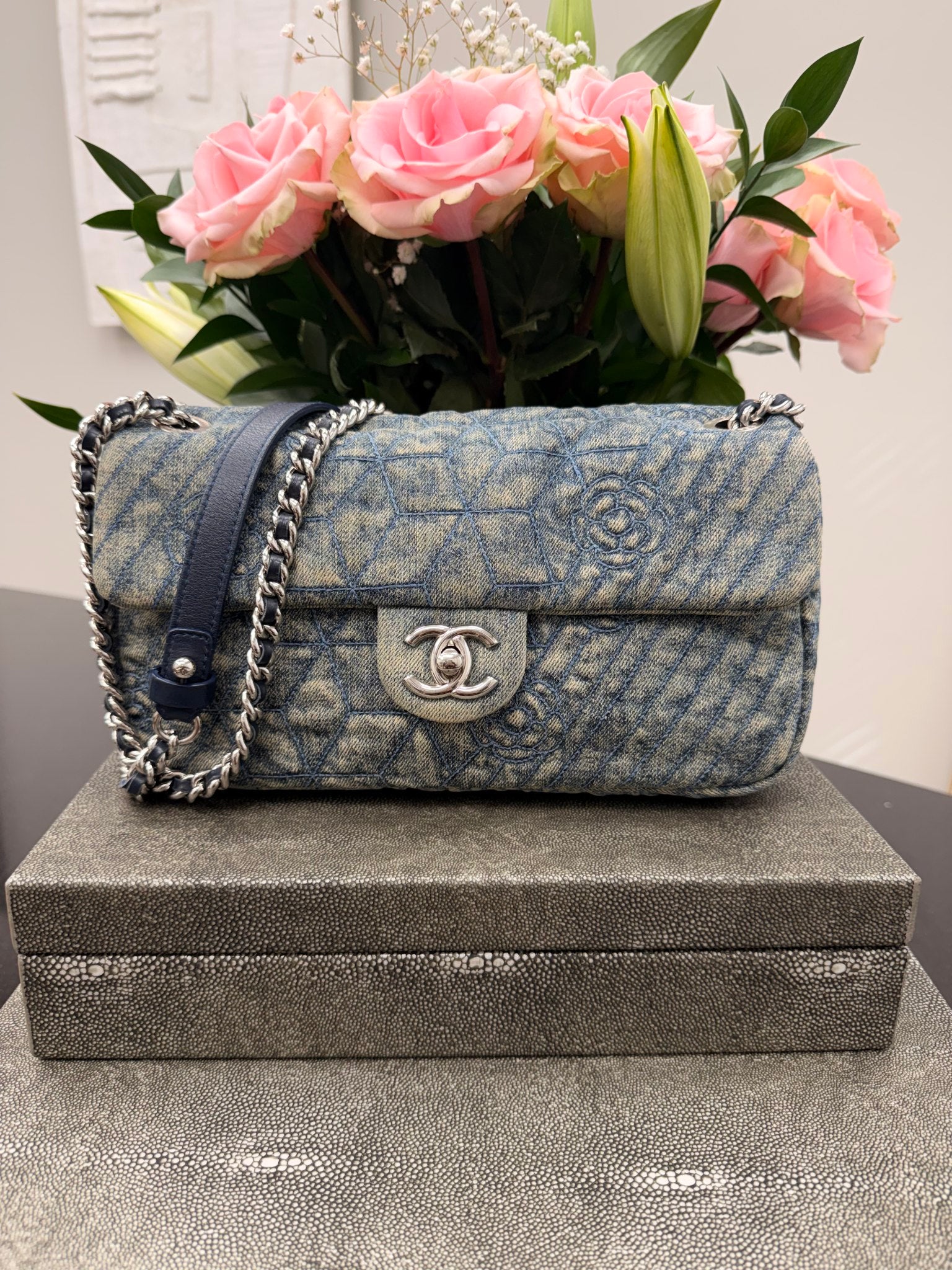 Chanel Denim Camellia Quilted Medium Flap Bag