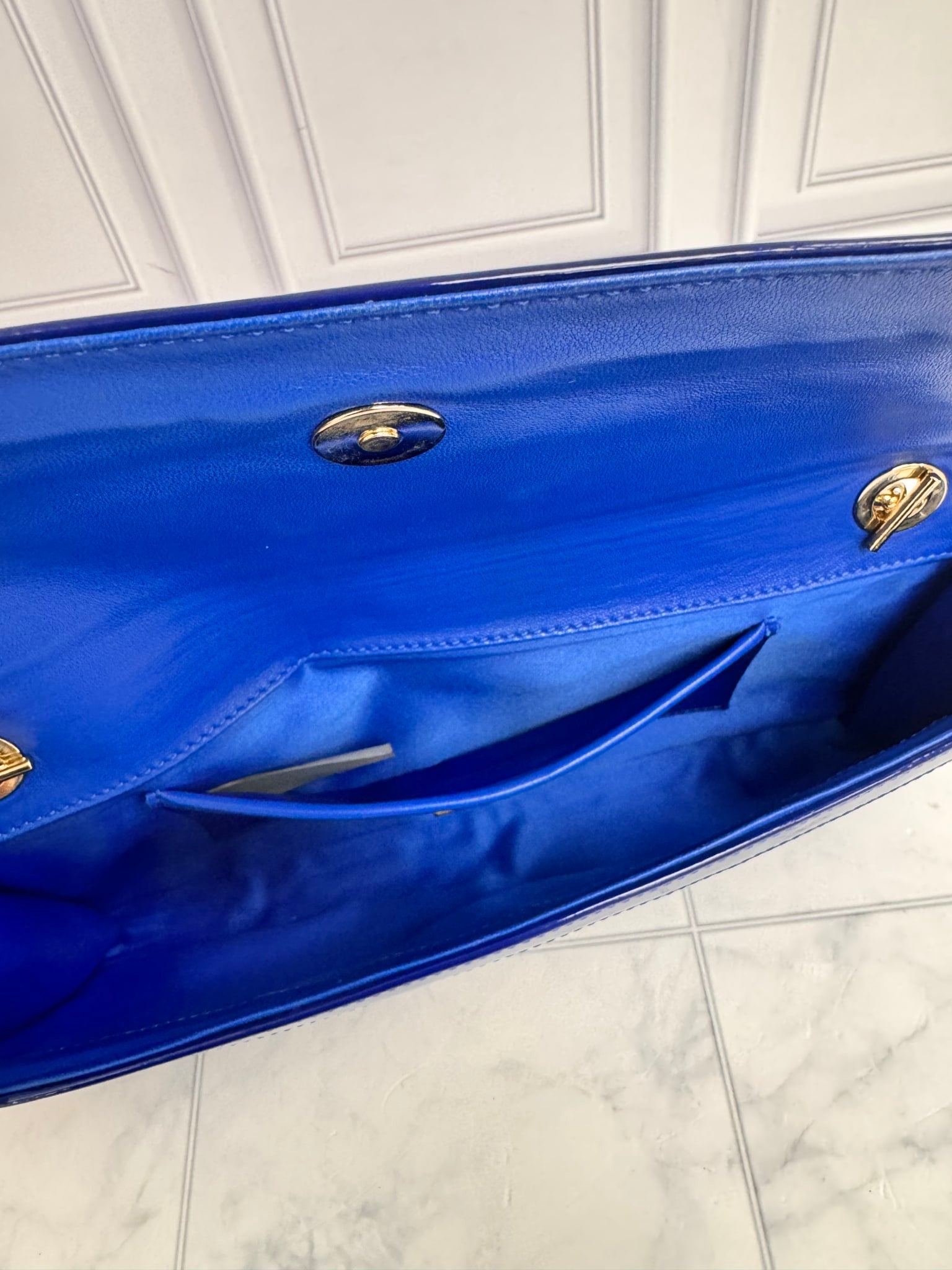 Versace Blue Quilted Patent Leather Flap Chain Shoulder Bag