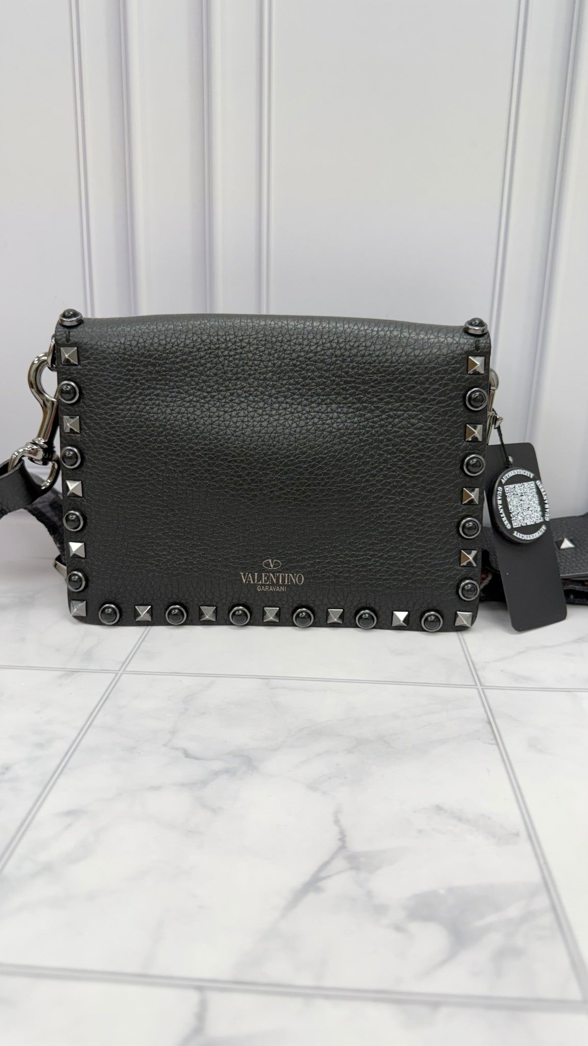 Valentino Black Grained Leather Studded Crossbody