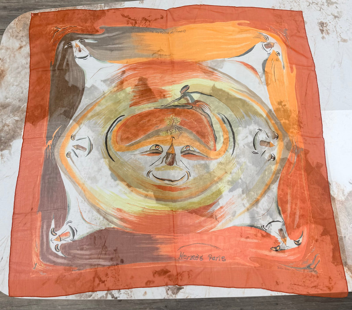 Hermes Orange Silk Smiles In Third Millenary Carre 90 Scarf