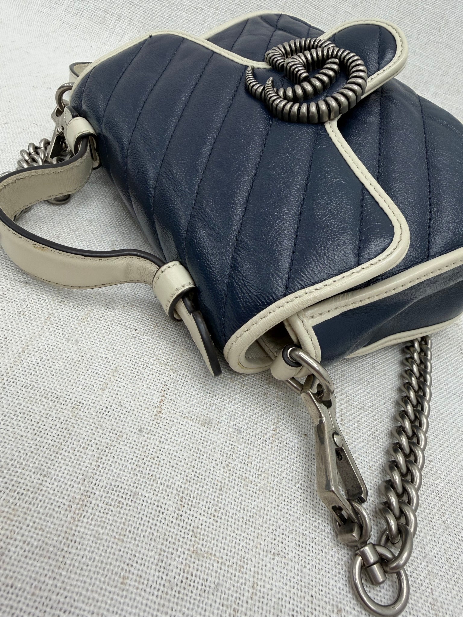 Gucci Navy Blue Leather Mini Marmont Top Handle Bag