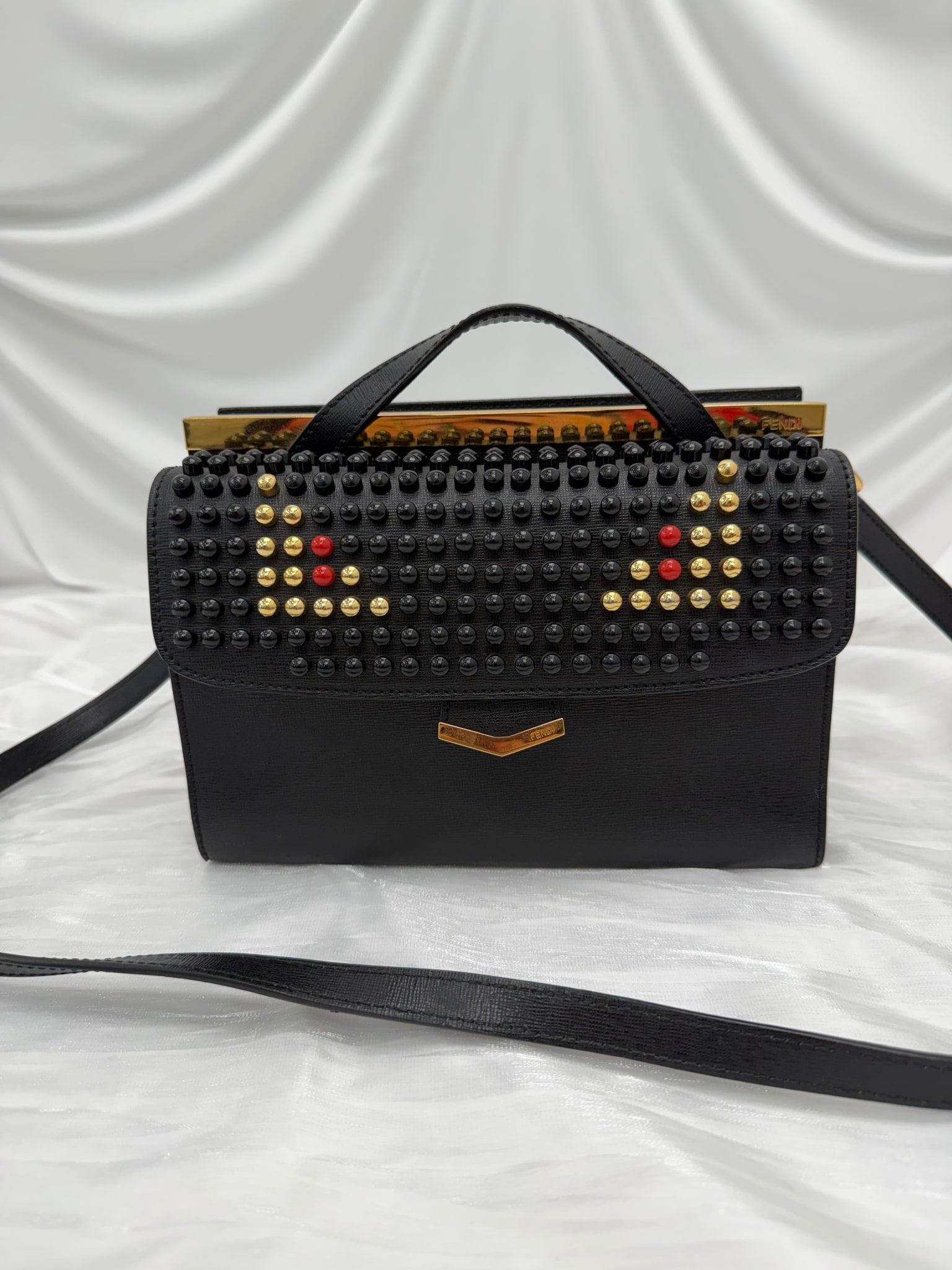 Fendi Black Leather Sttudded Monster 2Way Bag