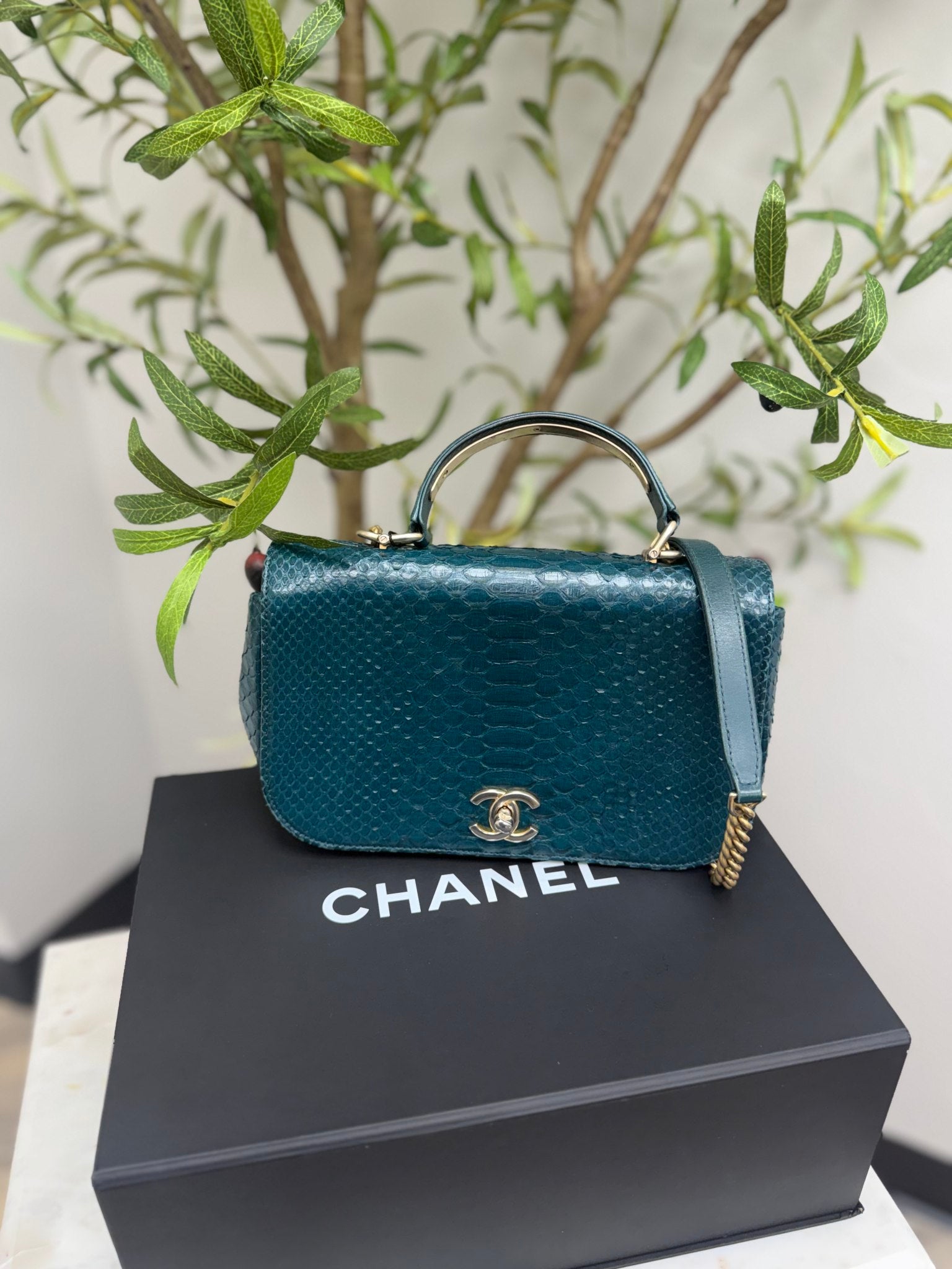 Chanel Deep Green Python Leather Top Handle Flap Bag