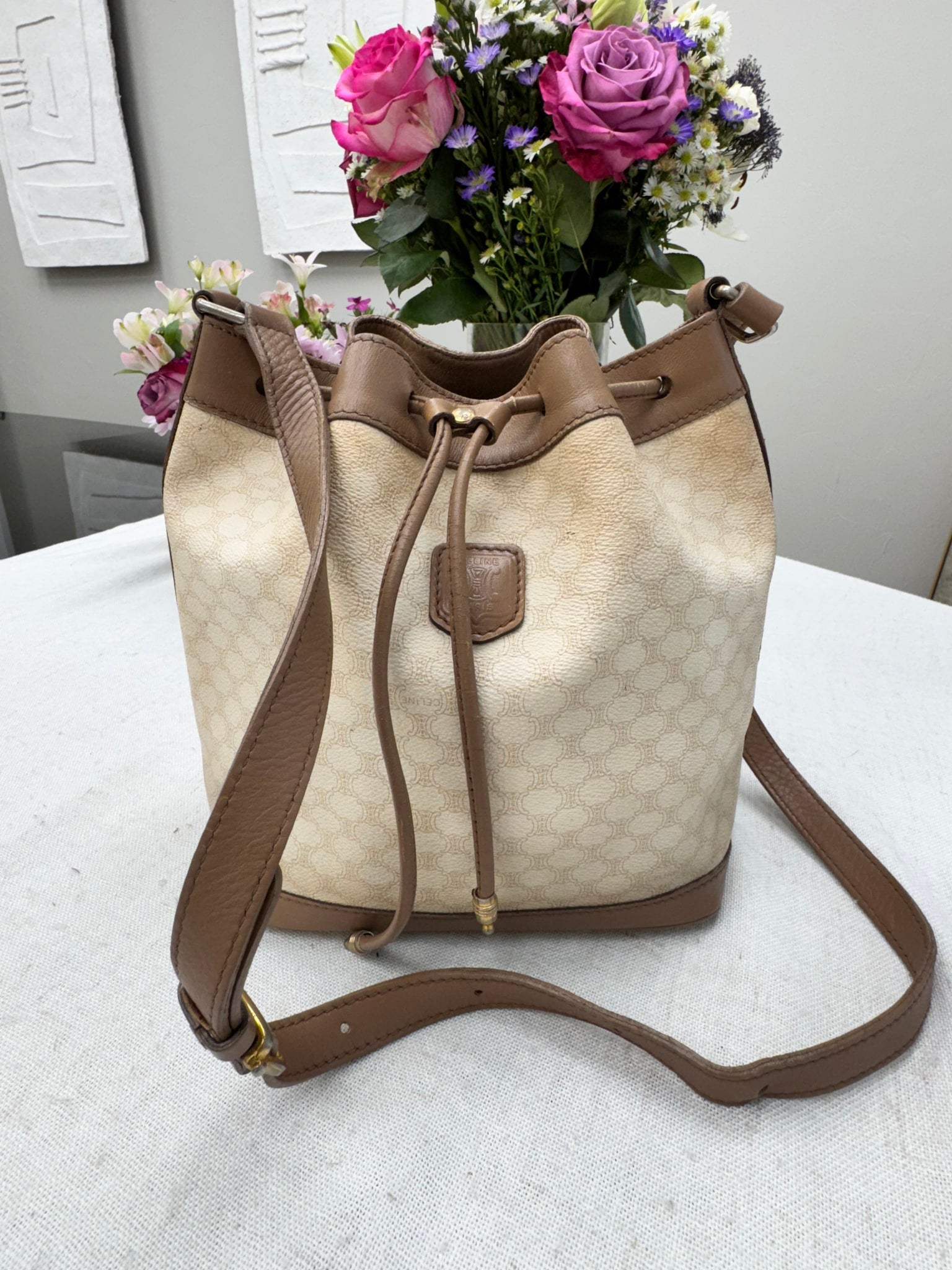 Celine Beige Coated Canvas Bucket Bag