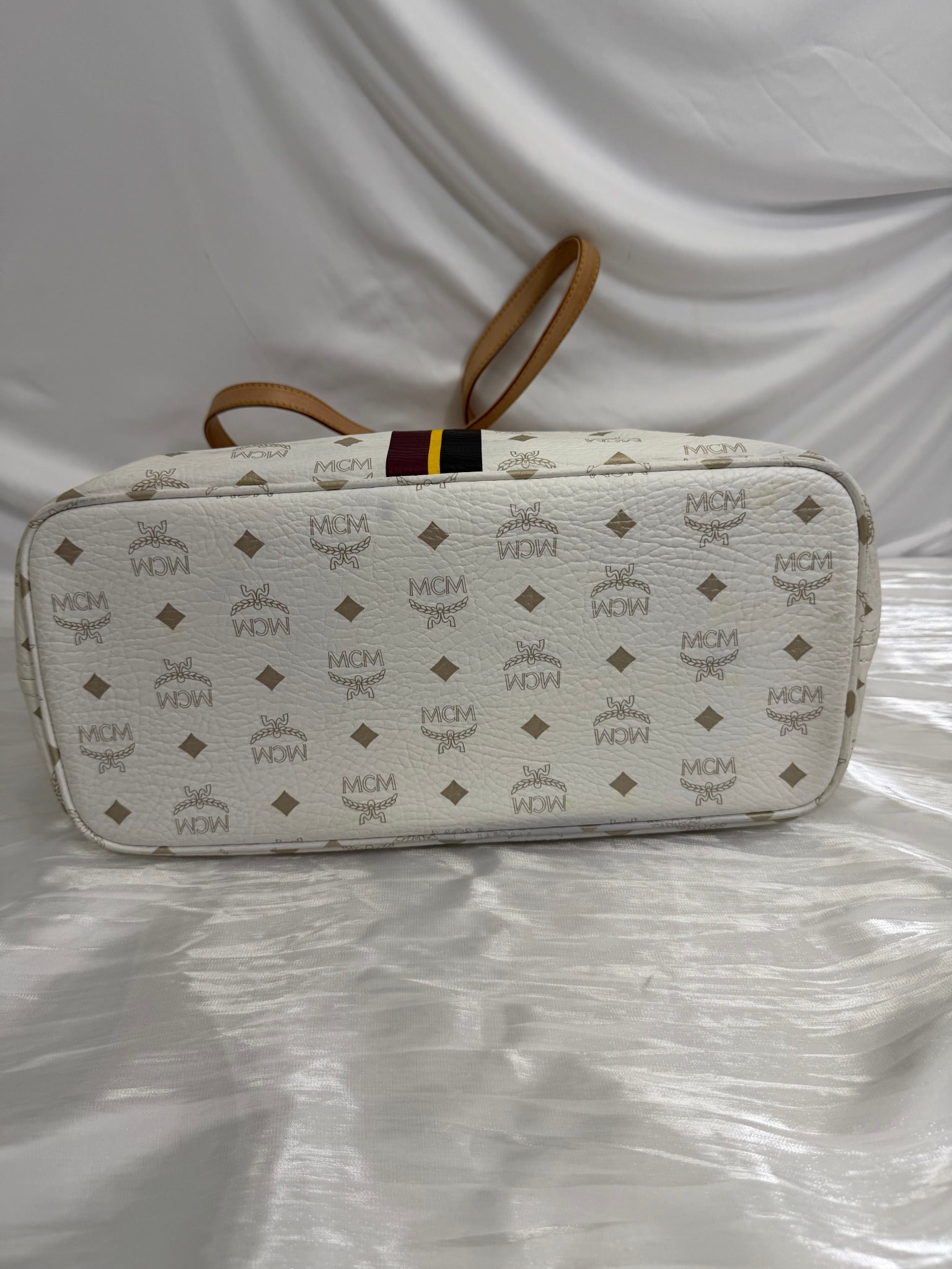 MCM Visetos Striped White Shopper Tote