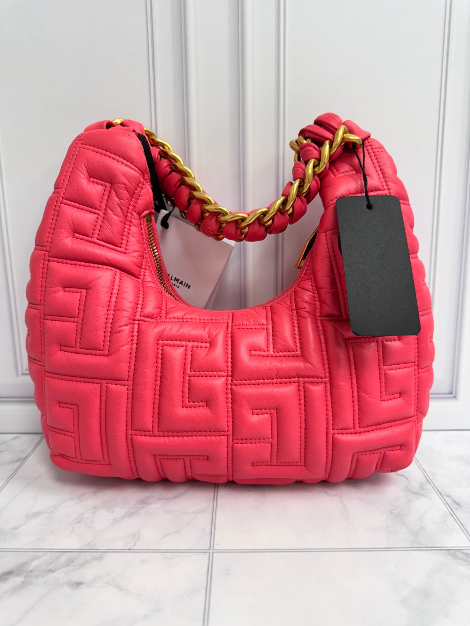 BRAND NEW - Balmain Pink Quilted Leather Pillow Hobo Bag