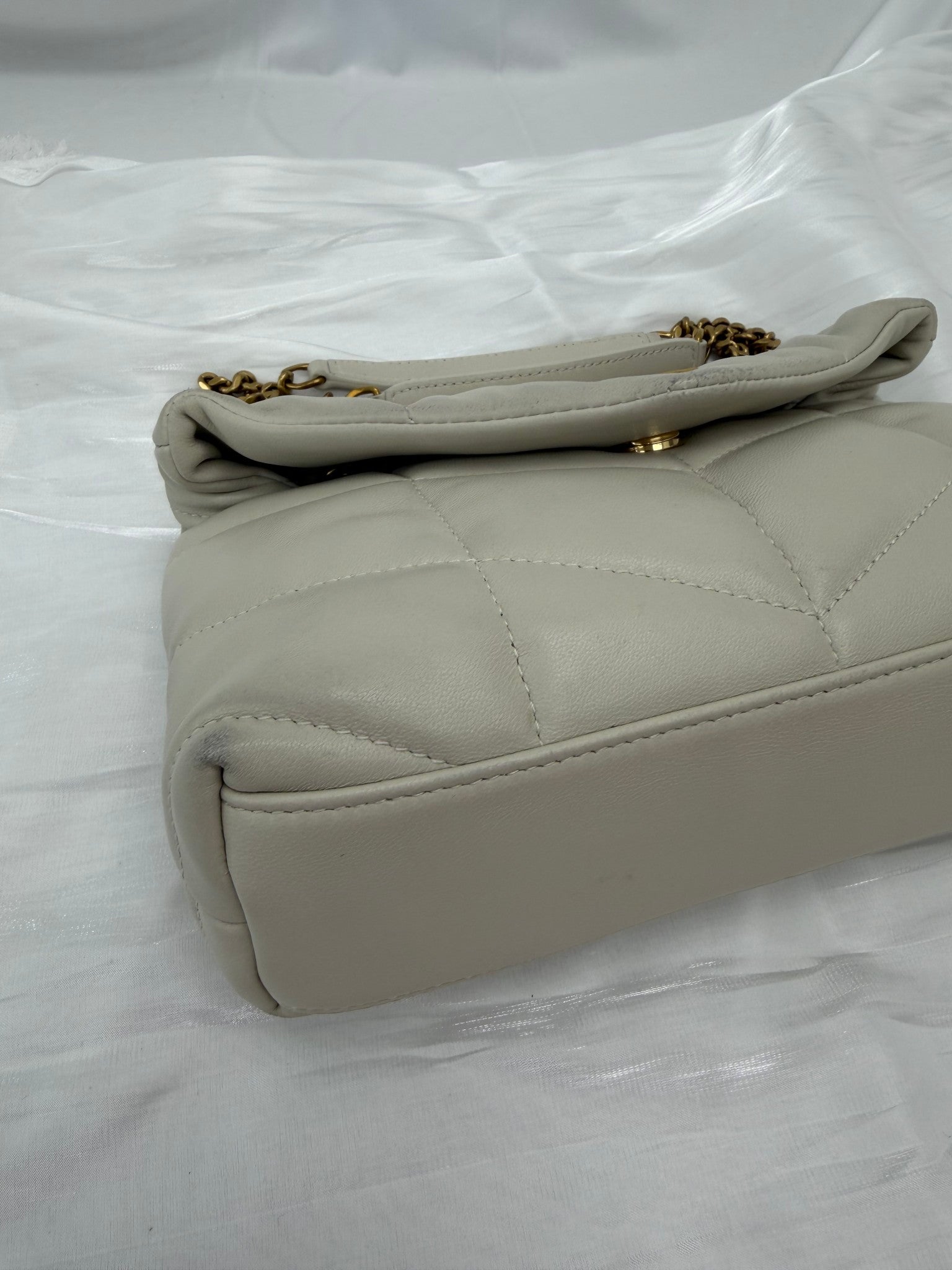 Saint Laurent YSL Beige Lambskin Quilted Toy Loulou Puffer Chain Satchel