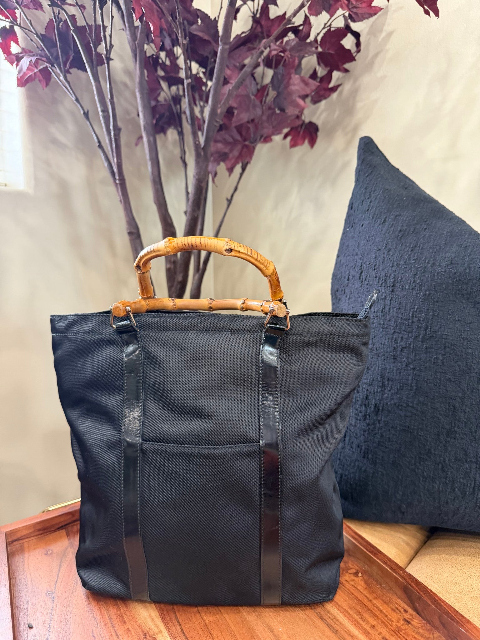 Gucci Black Nylon Bamboo Handbag