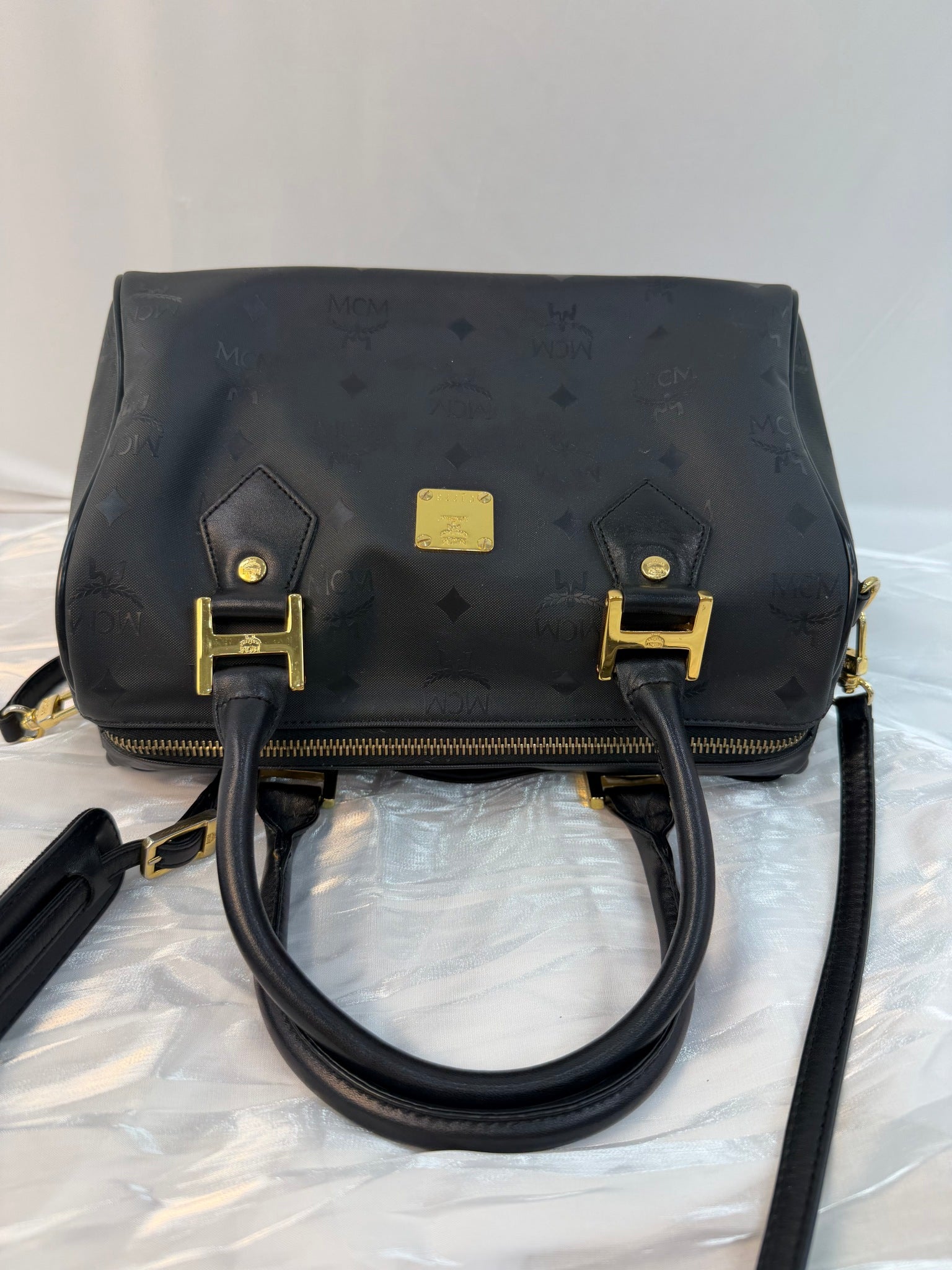 MCM Black Coated Canvas Boston Bag