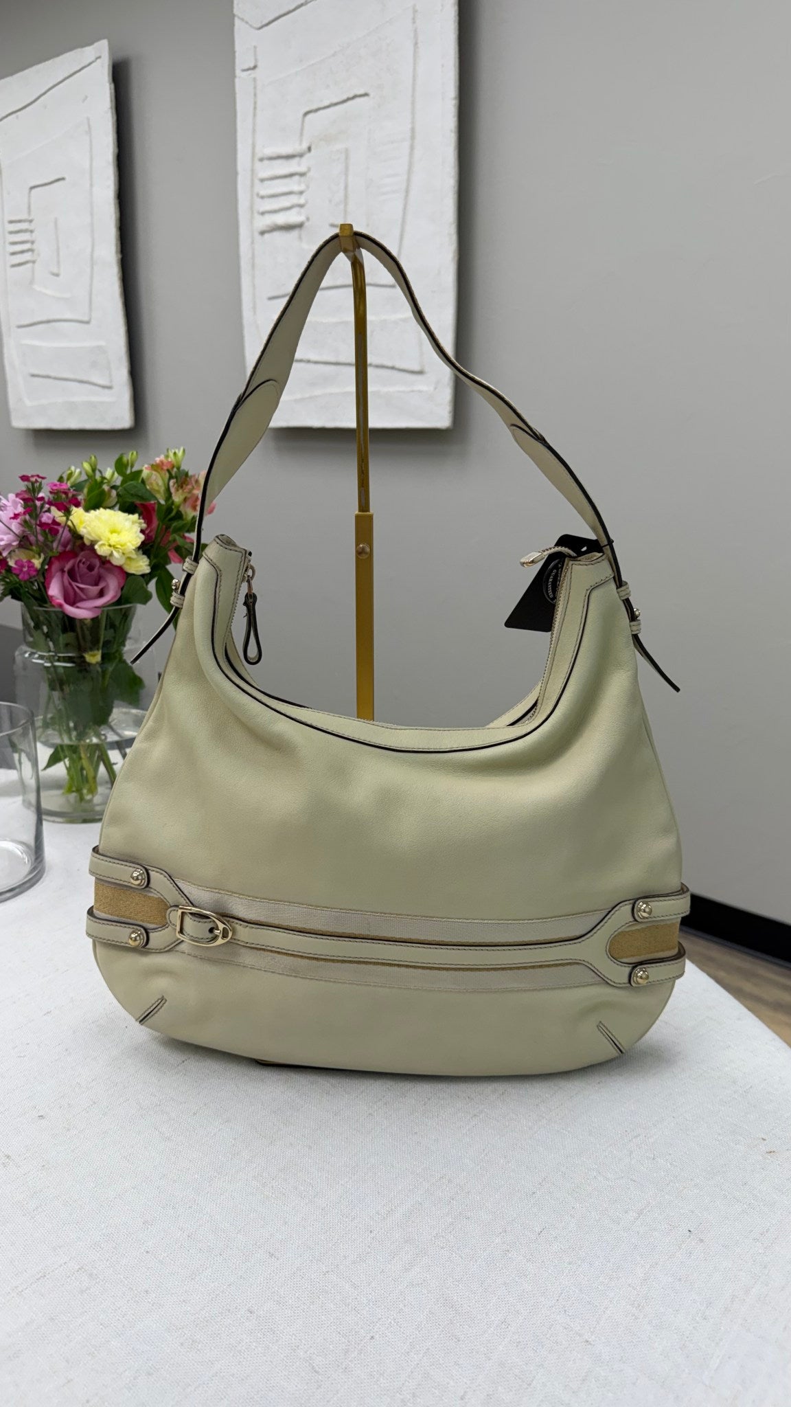Gucci Cream Leather Web Hobo Shoulder Bag