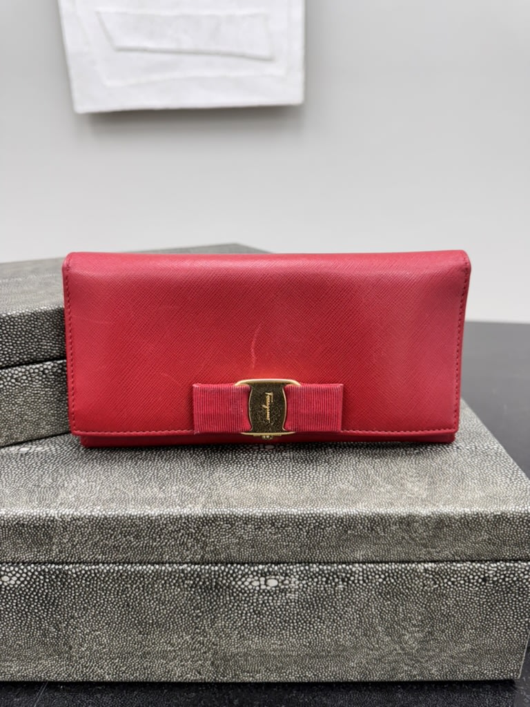 Salvatore Ferragamo Red Saffiano Leather Vara Bow Long Wallet