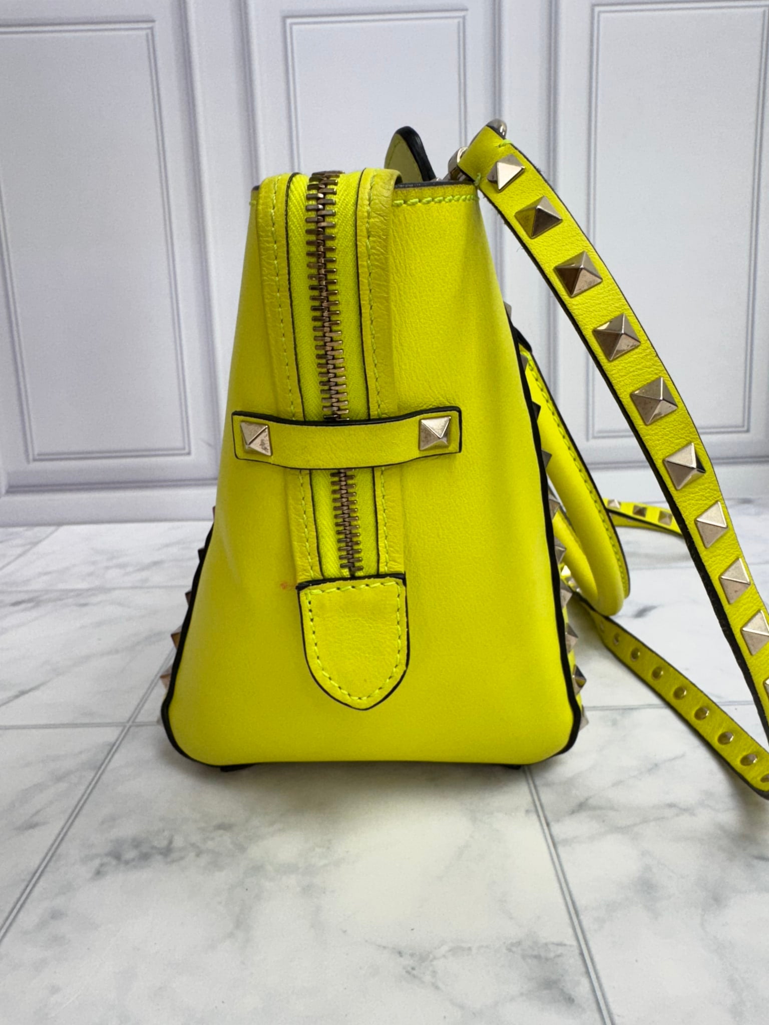 Valentino Yellow Leather Rockstud Double Handle Tote Bag